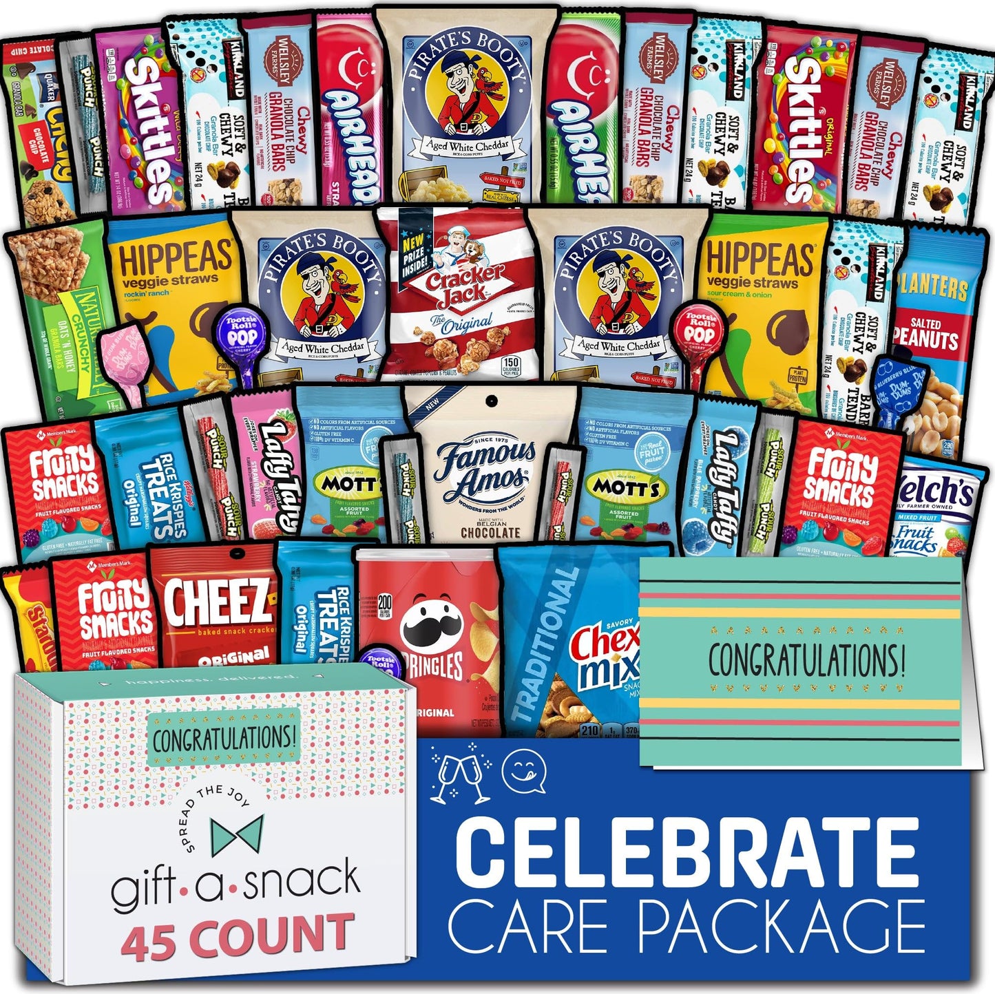 Gift A Snack - Congratulations Snack Box Variety Pack Care Package + Greeting Card (45 Count) Graduation Sweet Treats Gift Baske