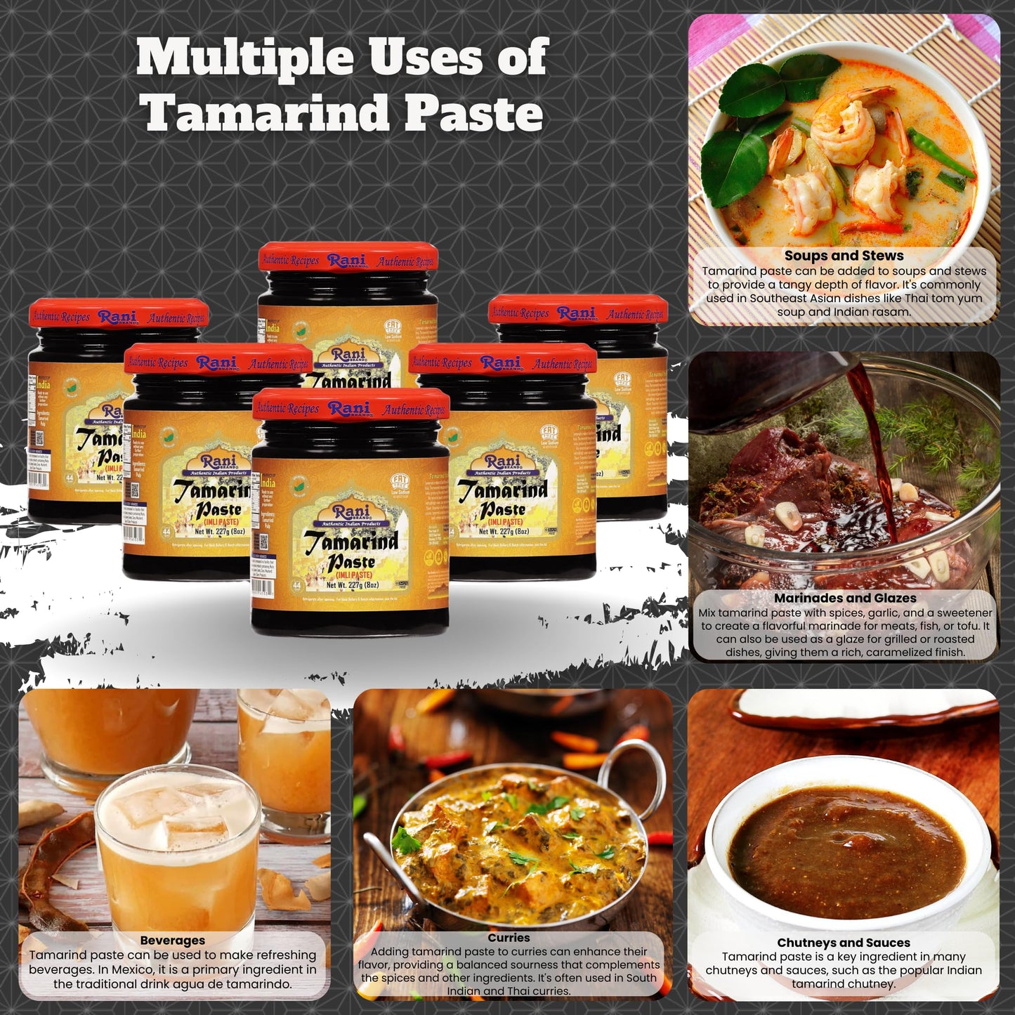 Rani Tamarind Paste Puree (Imli) 8Oz (227G) Glass Jar, No Added Sugar, Pack Of 5+1 Free ~ All Natural | Vegan | Gluten Free | No