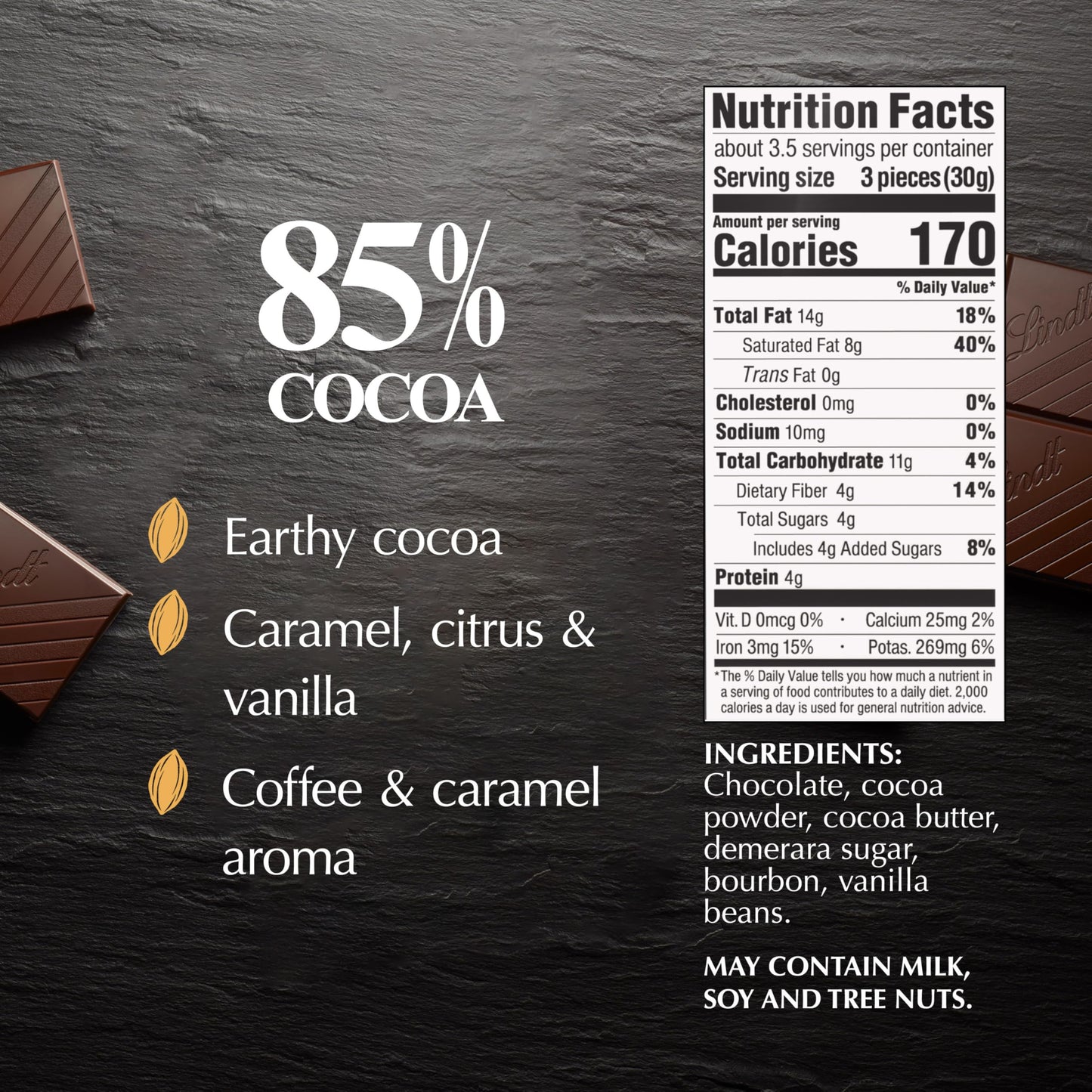 Lindt EXCELLENCE Dark Chocolate Bar, 85% Cocoa, 3.5 oz, 12 Pack