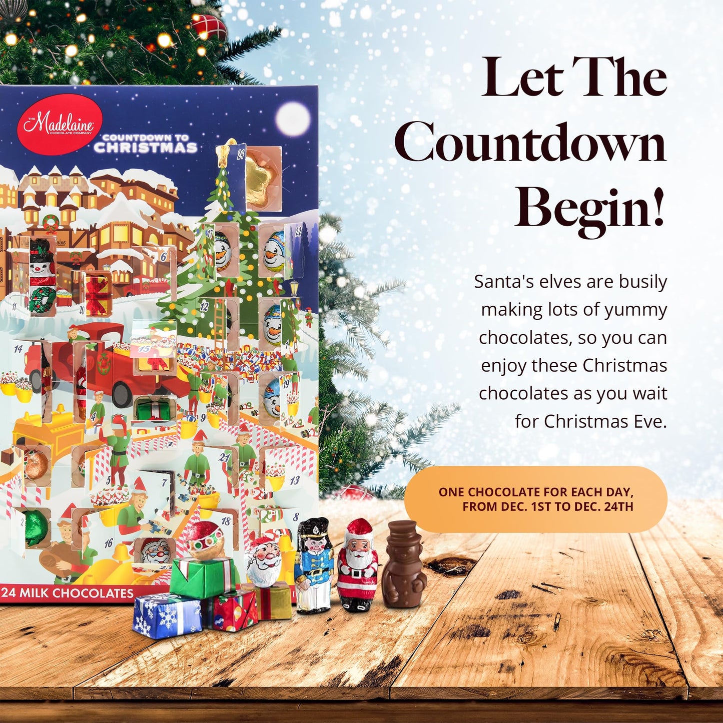 Madelaine Christmas Countdown Advent Calendar - 2023 Edition, 6 oz Solid Milk Chocolate, 24 Chocolates, Pack of 2