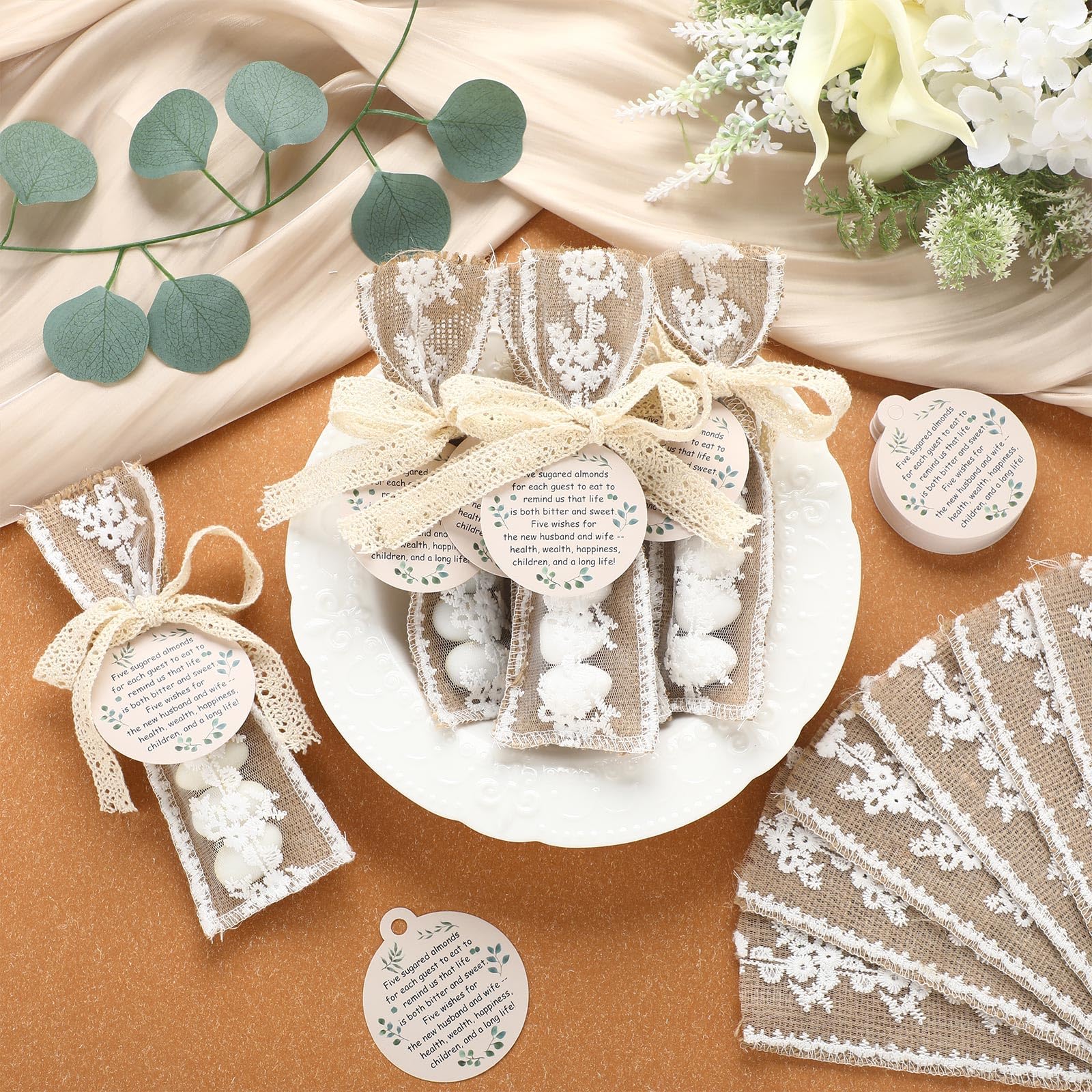 Woanger 60 Set Wedding Almond Candy Favors For Guests Include Lace Packaging And Greeting Card Bridal Souvenirs For Engagement Bridal Shower Italian Wedding Tradition Gift, No Almond Candy