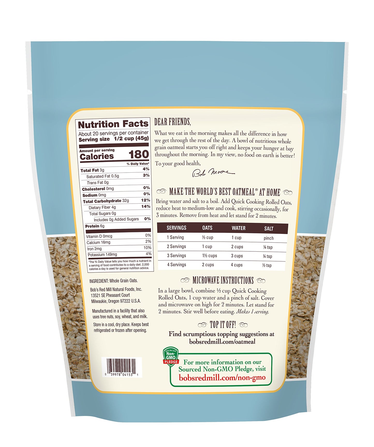 Bobs Red Mill Quick Cooking Rolled Oats, 32 Ounce -- 4 Per Case.