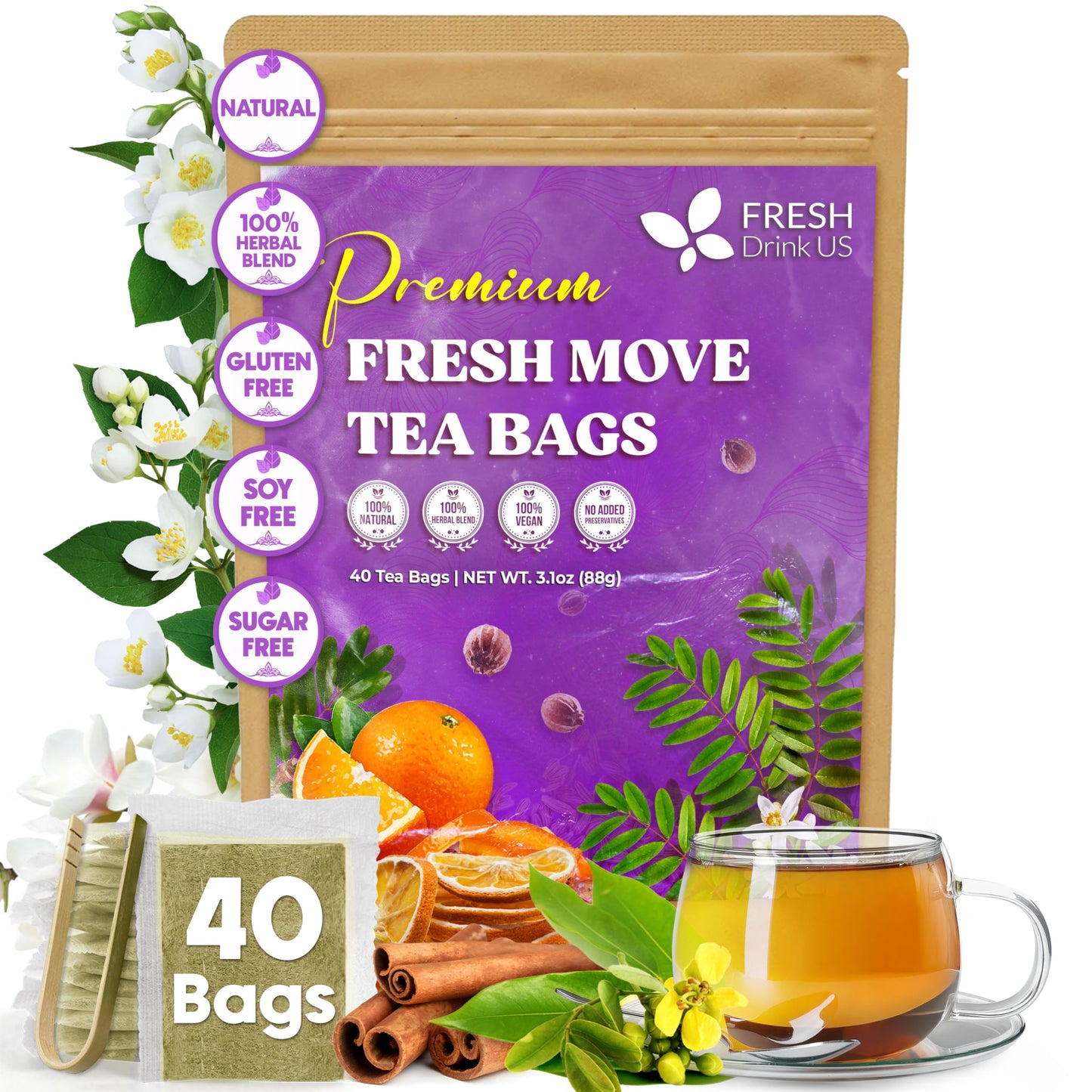 Freshdrinkus  Fresh Move Tea - 40 Tea Bags - Herbal Tea Blend With Senna Leaves  Cinnamon  Orange Peel  Flavor Blendger & More - Energy Blend-Free  Natural Ingredients - Smooth Flavor For Everyday Enjoyment