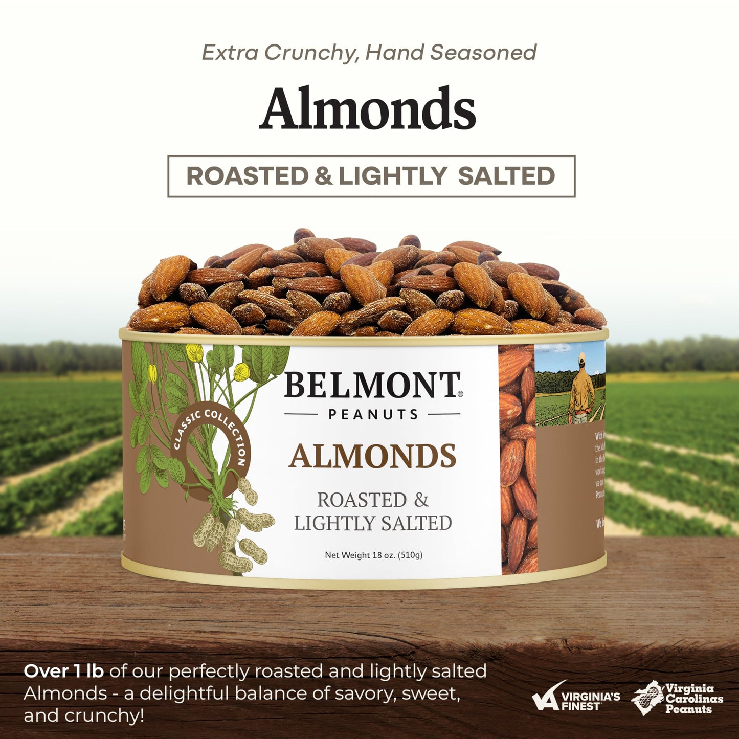Belmont Peanuts Gourmet Lightly Sea-Salted Almonds, 18 oz, 3 Simple Ingredients, No Preservatives