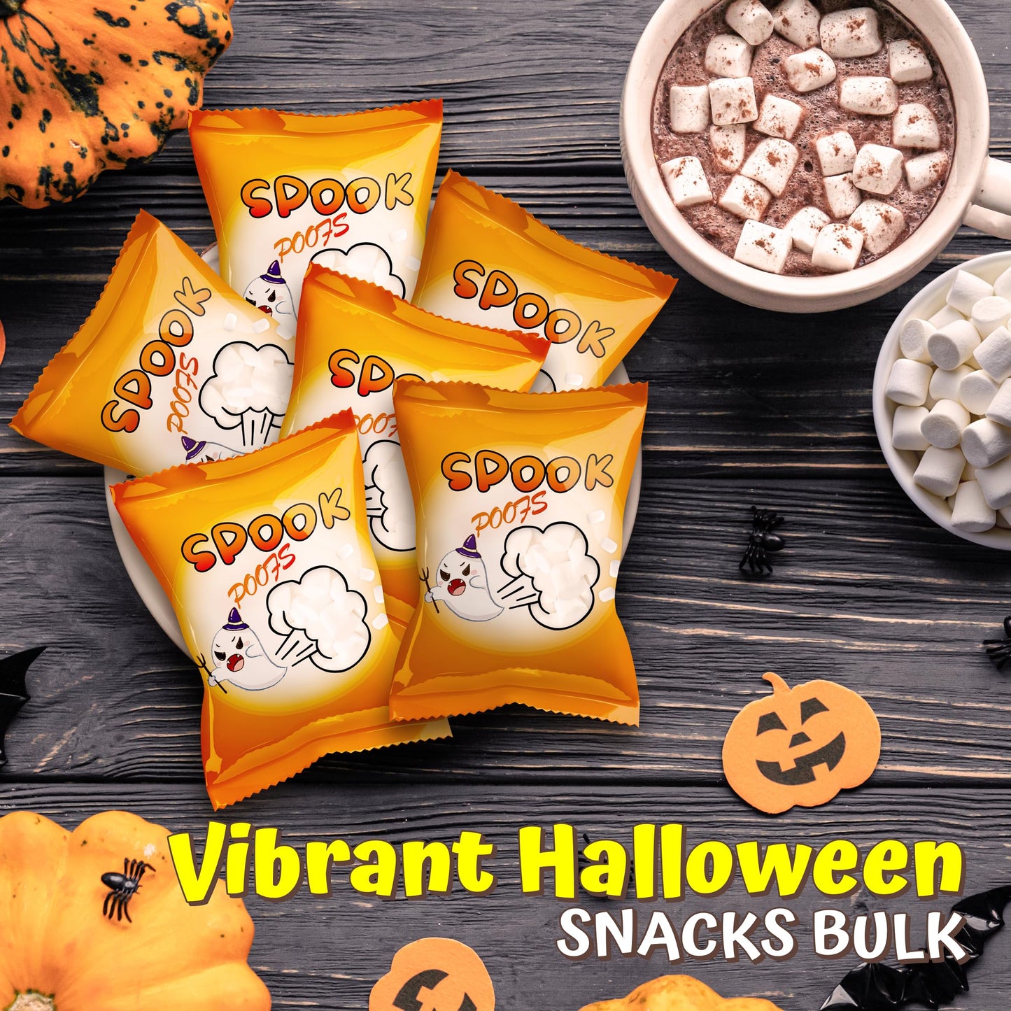 4Es Novelty 24 Pack Halloween Mini Marshmallows - Spook Poof - Indvidually Wrapped Vanilla Flavor - Halloweens Candy for Kids in Bulk  Snacks for Trick or Treat  17 Marshmallows in Each Bag