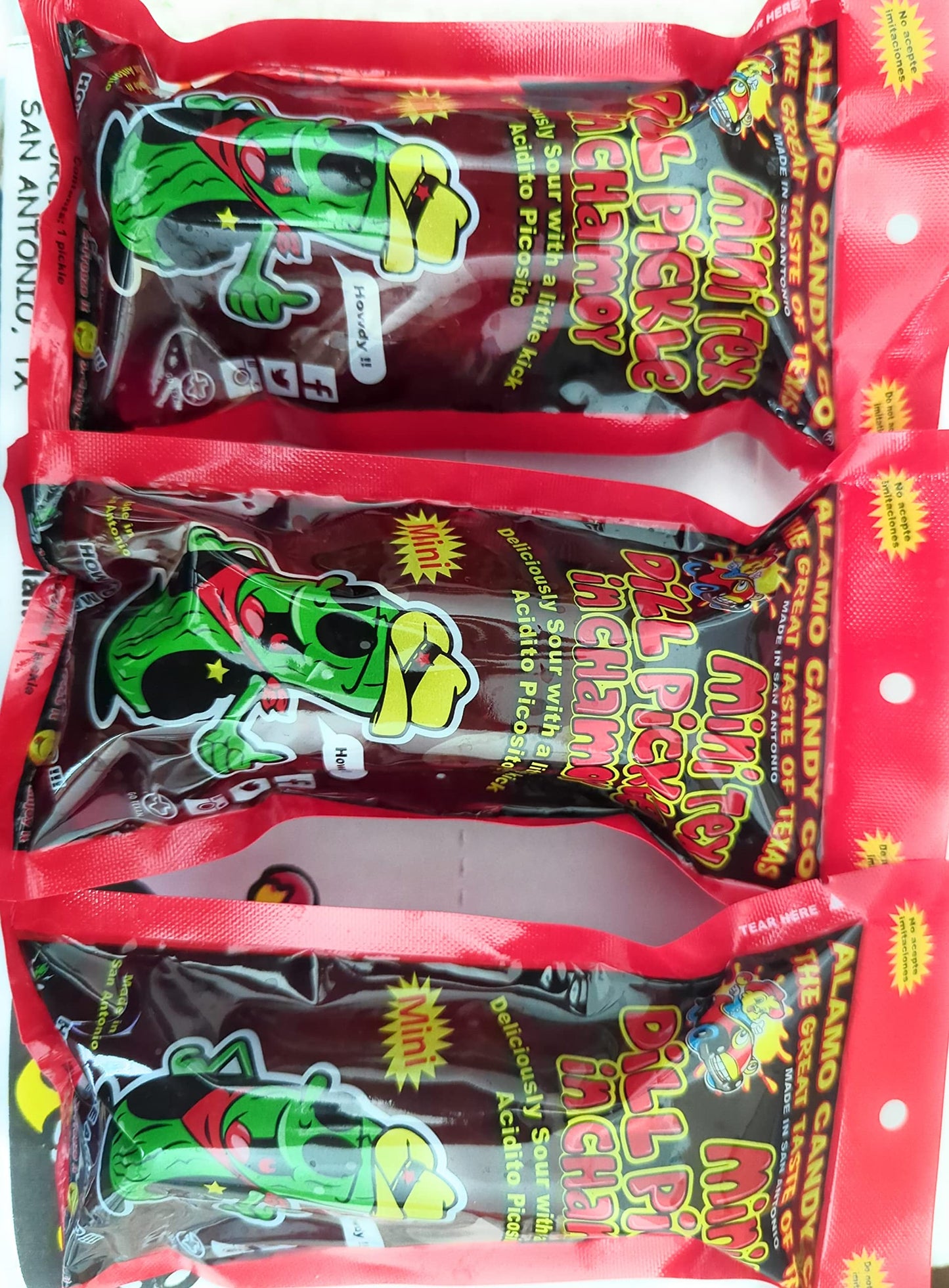 Alamo Candy Mini Tex Dill Pickle In Chamoy - Three Pickles & One NG Joy Sticker - Individually Wrapped - Made In San Antonio, Te