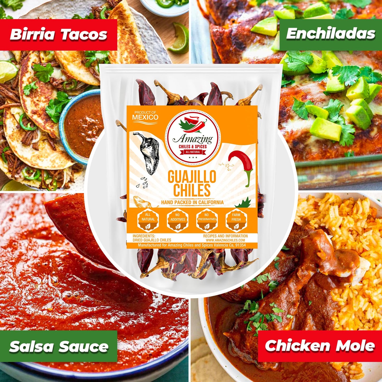 Amazing Chiles & Spices Guajillo Chiles Peppers Dried Whole, Mild to Medium Heat, 5 oz Resealable Bag