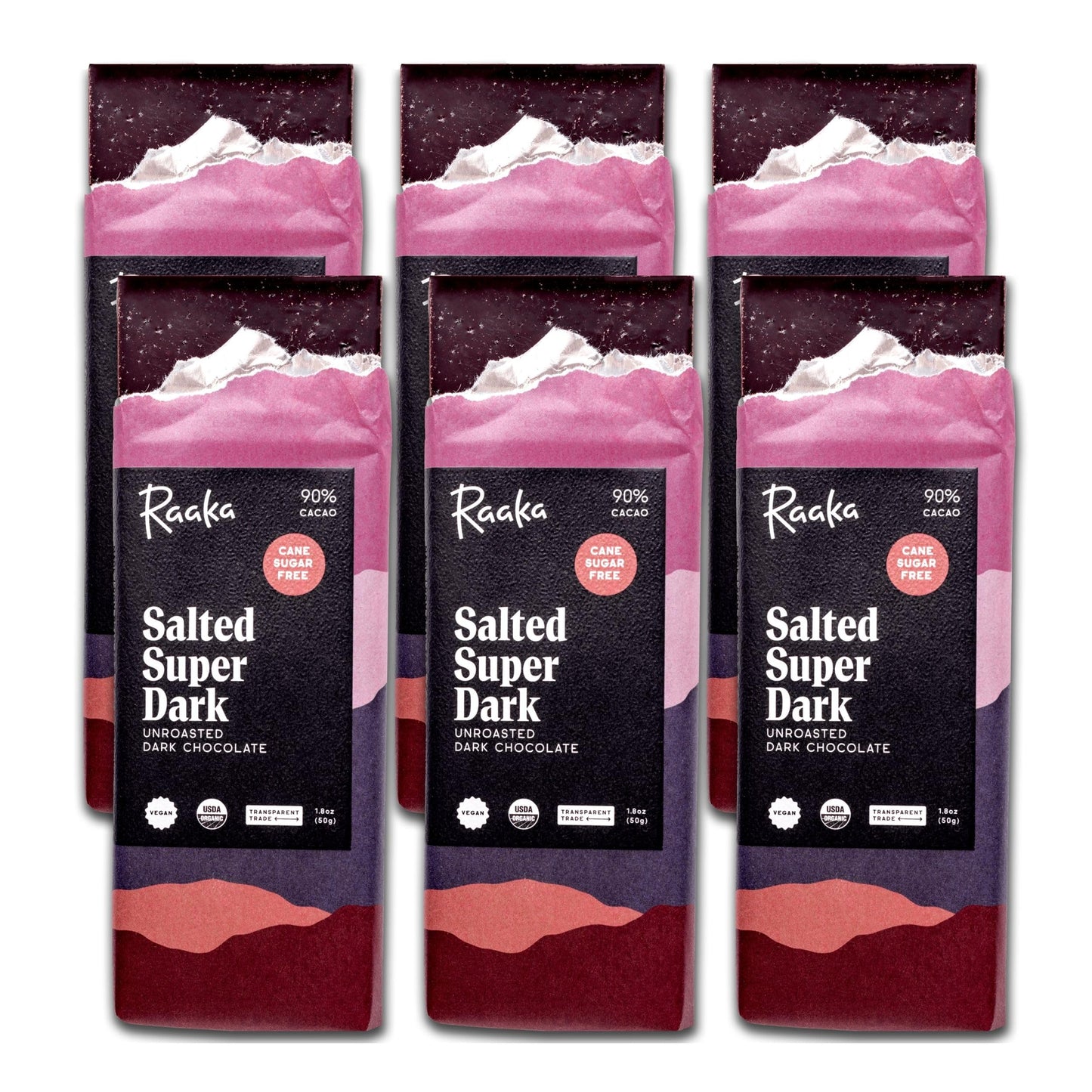 Raaka Salted Super Dark Chocolate Bars - 90% Cacao  Organic  Vegan  Kosher  Gluten Free  Cane Sugar Free - Lightly Sweetened With Coconut Sugar - 1.8Oz Bars  6-Pack
