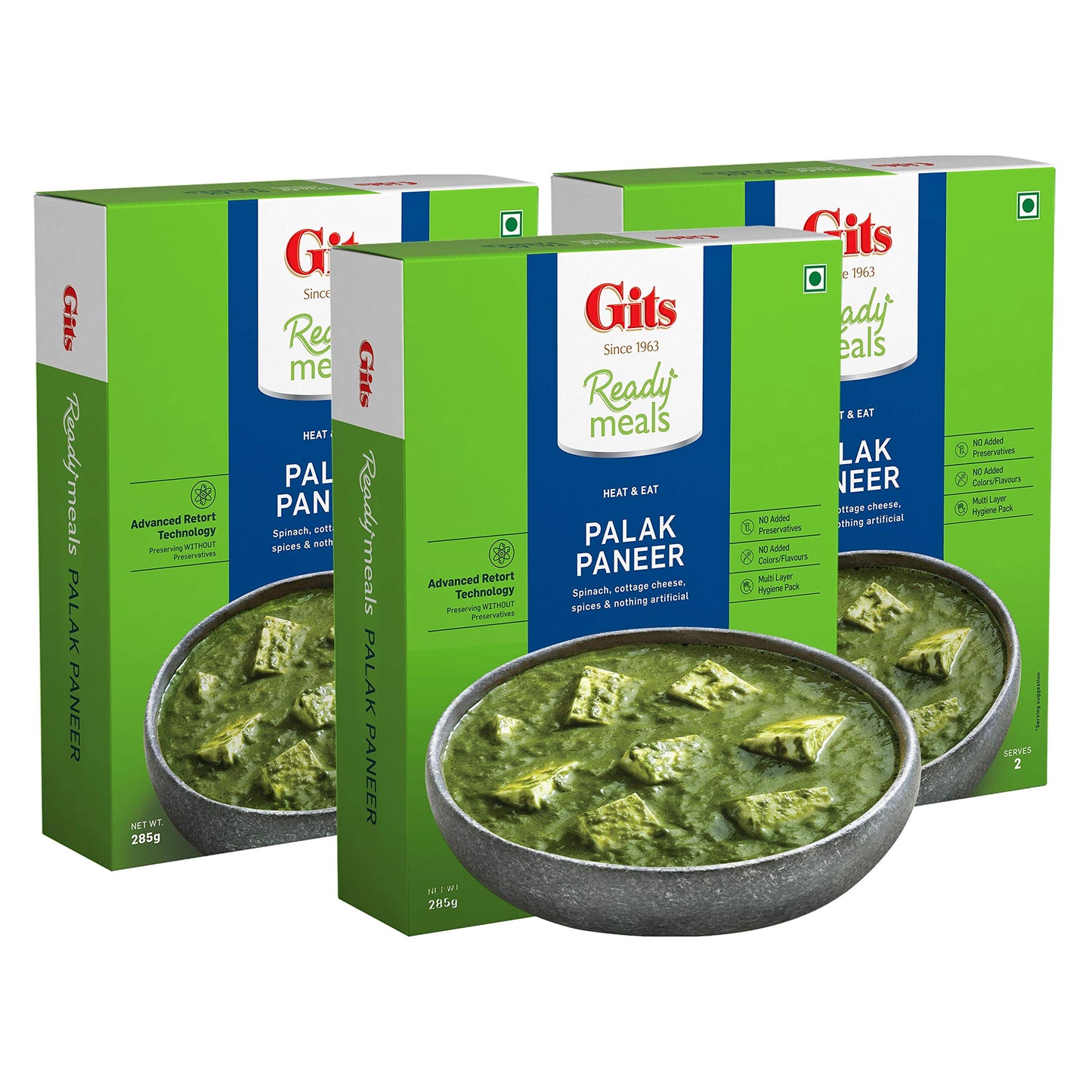 Gits Ready To Eat Palak Paneer, Pure Veg, Heat And Eat Indian Dish, Microwaveable, 855G (Pack Of 3 X 285G Each)