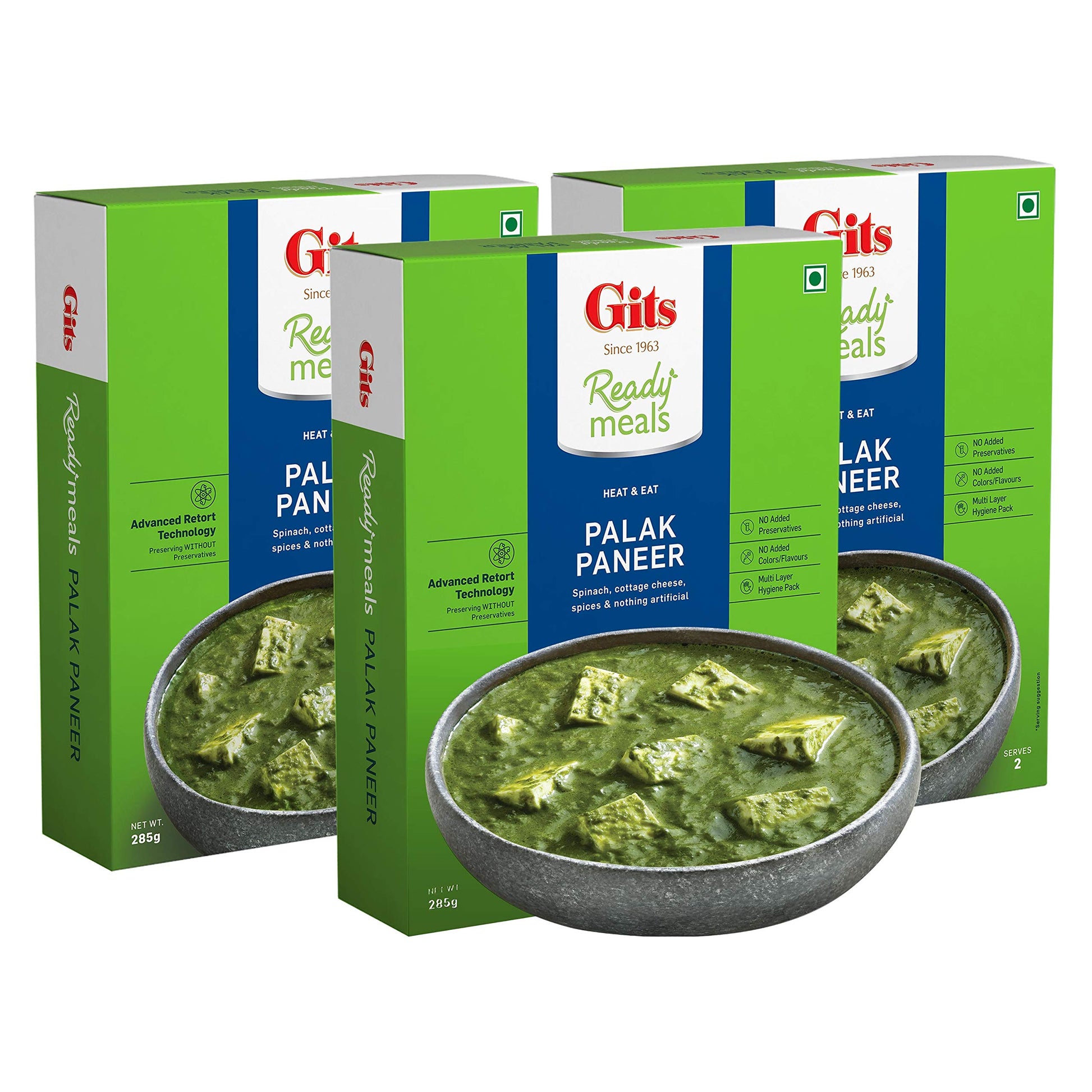 Gits Ready To Eat Palak Paneer, Pure Veg, Heat And Eat Indian Dish, Microwaveable, 855G (Pack Of 3 X 285G Each)