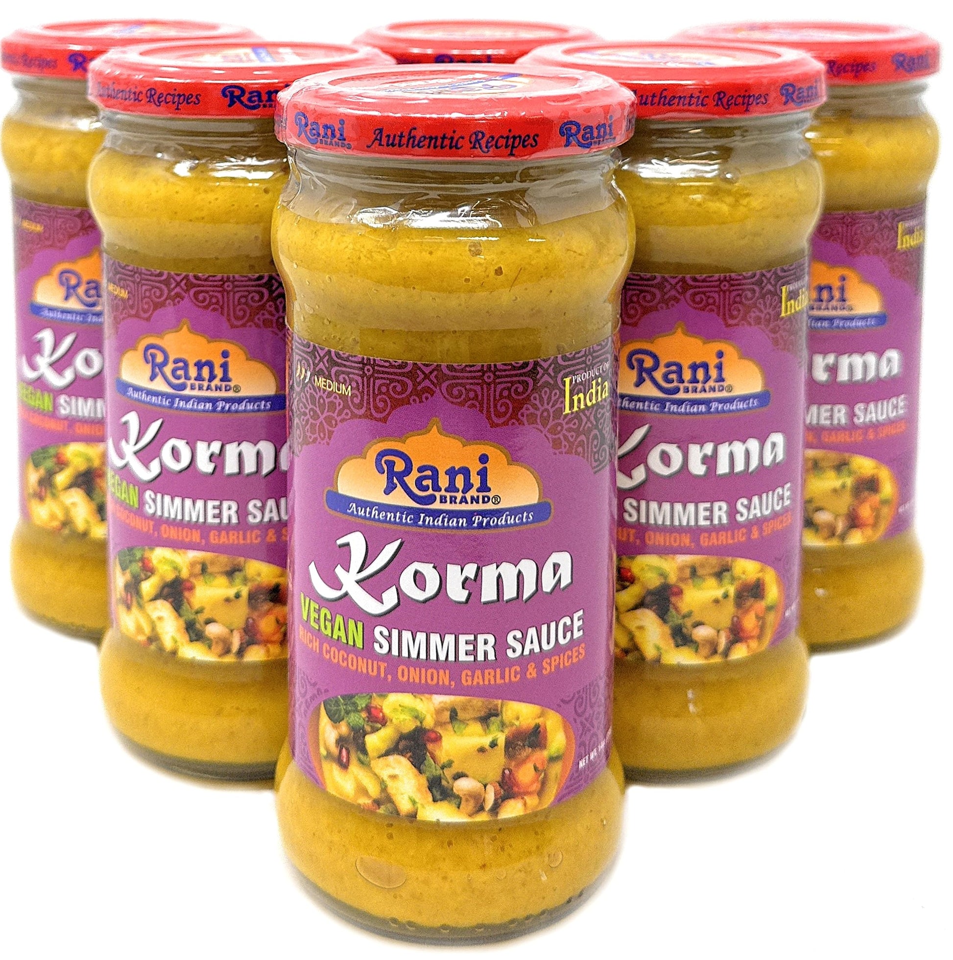 Rani Korma Curry Vegan Simmer Sauce (Rich Coconut, Onion, Garlic & Spices) 14oz (400g) Glass Jar, Pack of 5 +1 FREE ~ Easy to Us