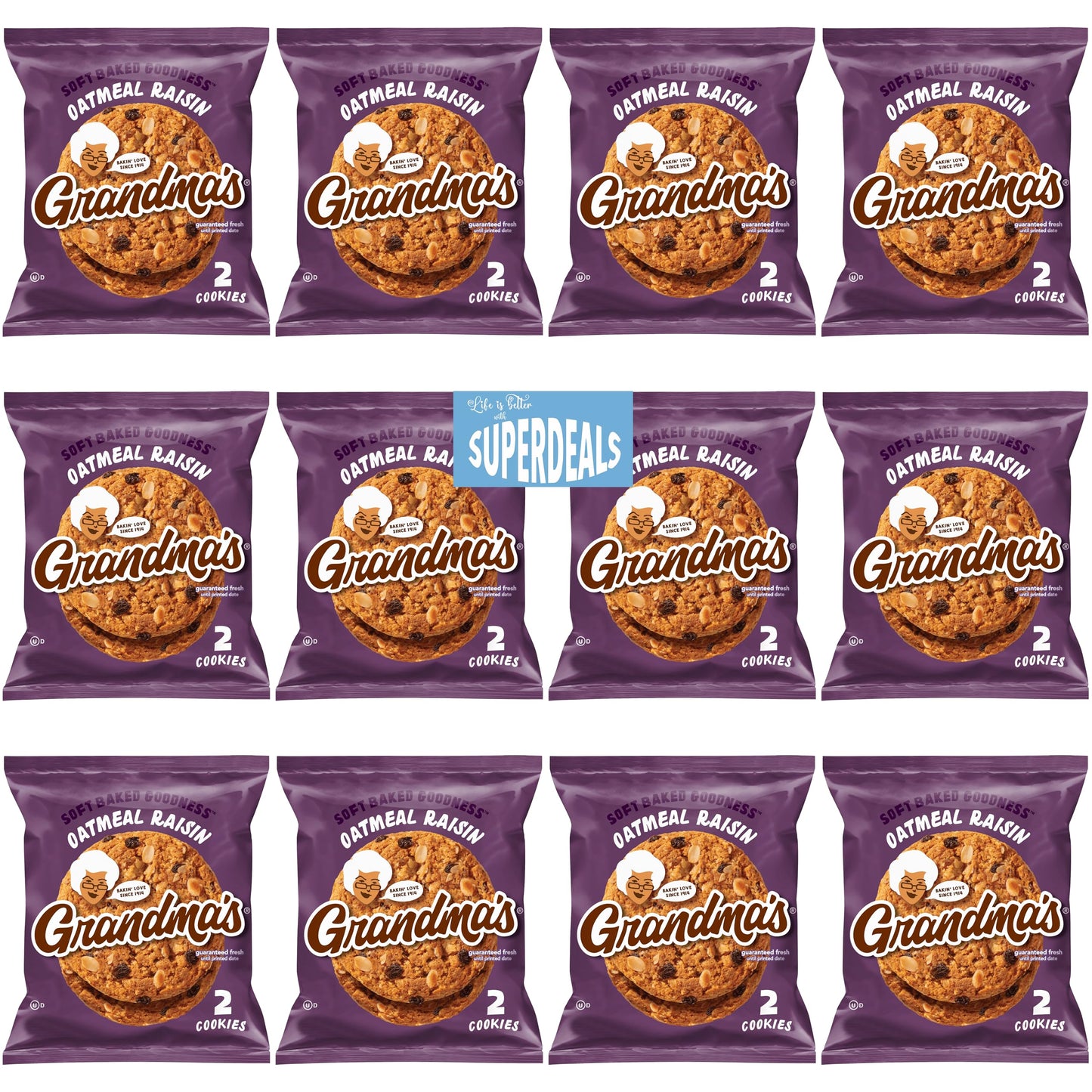 Grandma's Cookies, Oatmeal Raisin, (Pack of 12) Bundled by SUPERDEALS, 2.50 Oz Bag, with Mystery Gift