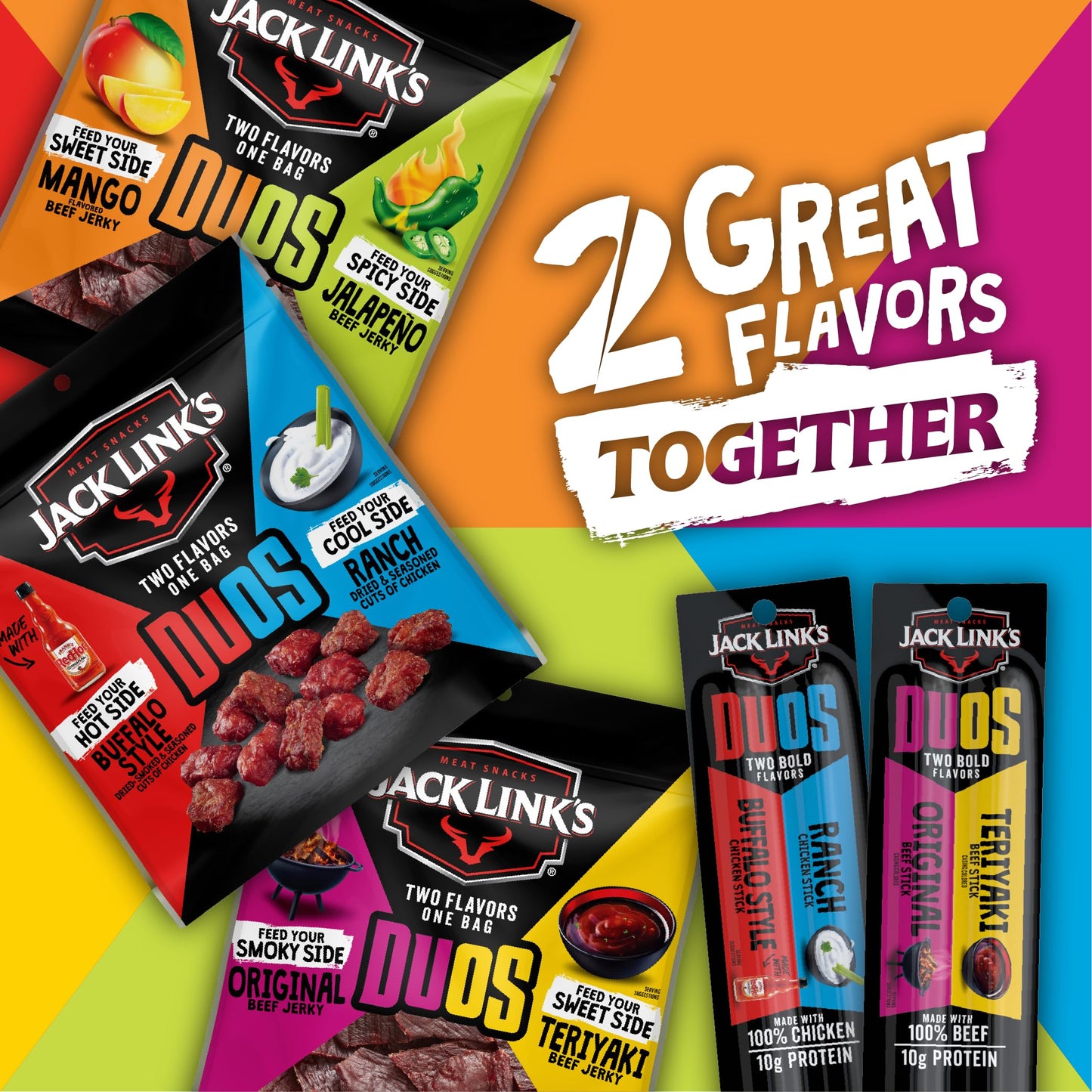 Jack Link s DUOs Chicken Jerky Meat Snack Sticks with 13g Protein - Frank s RedHot Buffalo Style With Creamy Ranch  Made with 100% Chicken  Two Flavors in One Package  1.84oz (10 Pack of 2 Sticks)