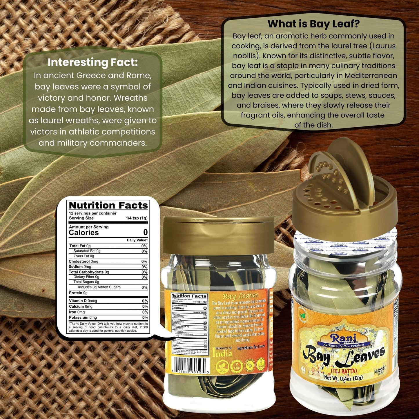 Rani Bay Leaf (Leaves) Whole Spice Hand Selected Extra Large 0.4Oz (12G) Pet Jar ~ All Natural | Gluten Friendly | Non-Gmo | Kosher | Vegan | Indian Origin (Tej Patta)