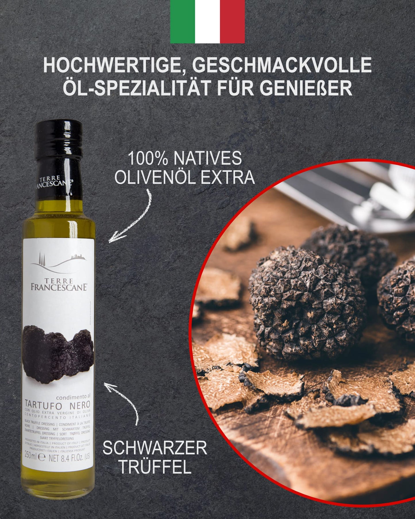 Black Truffle Dressing With 100% Italian Extra Virgin Olive Oil - 250Ml - 8.45 Fl Oz | Directly Imported From Selected Artisanal