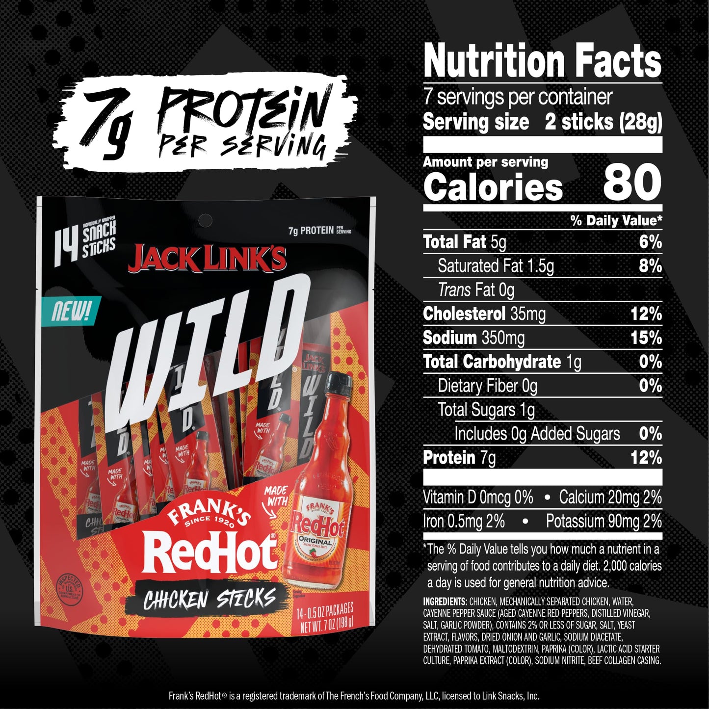 Jack Link's Wild Mini Chicken Sticks, Frank's RedHot Flavor, 7g Protein, 0.5 Oz (14 Count), Keto & Paleo Friendly, On-The-Go Snack