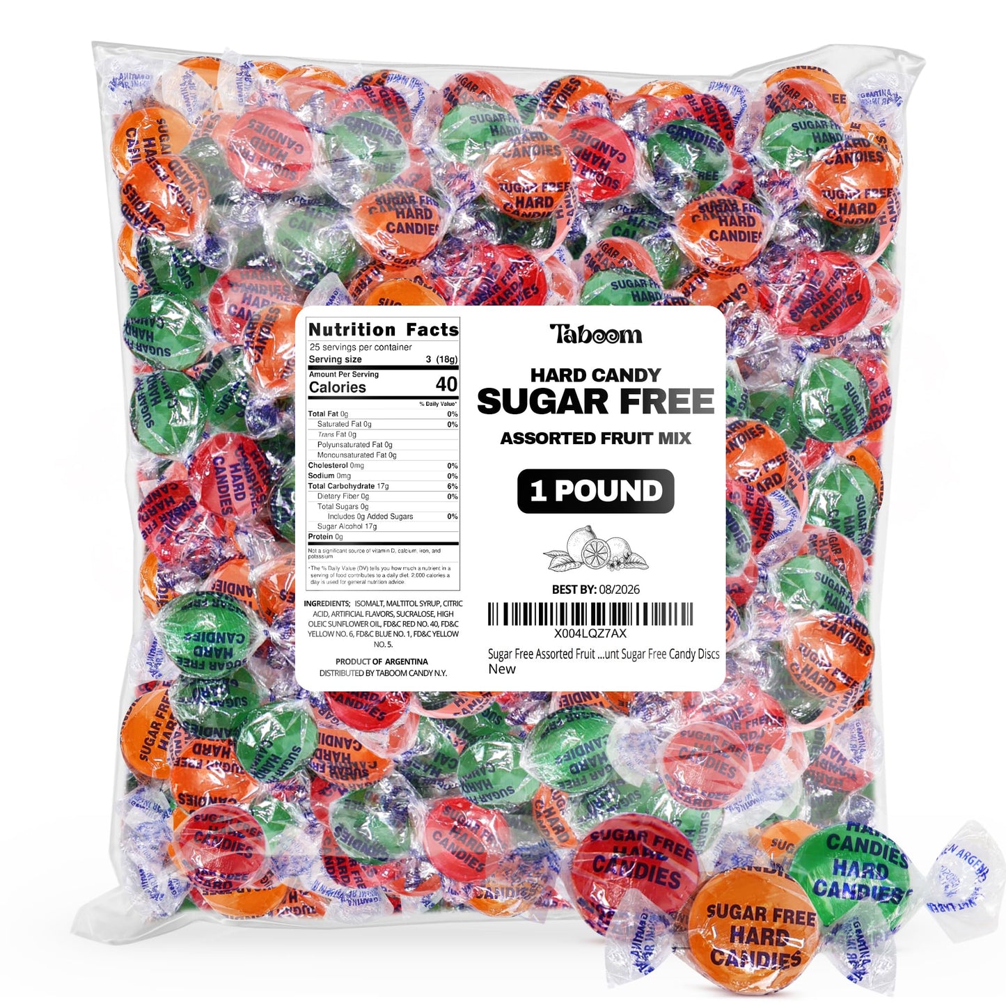 Taboom Sugar Free Hard Candy Assortment - 1 Pound, 75 Individually Wrapped Fruity Flavored Candy Discs for Snacks & Treats