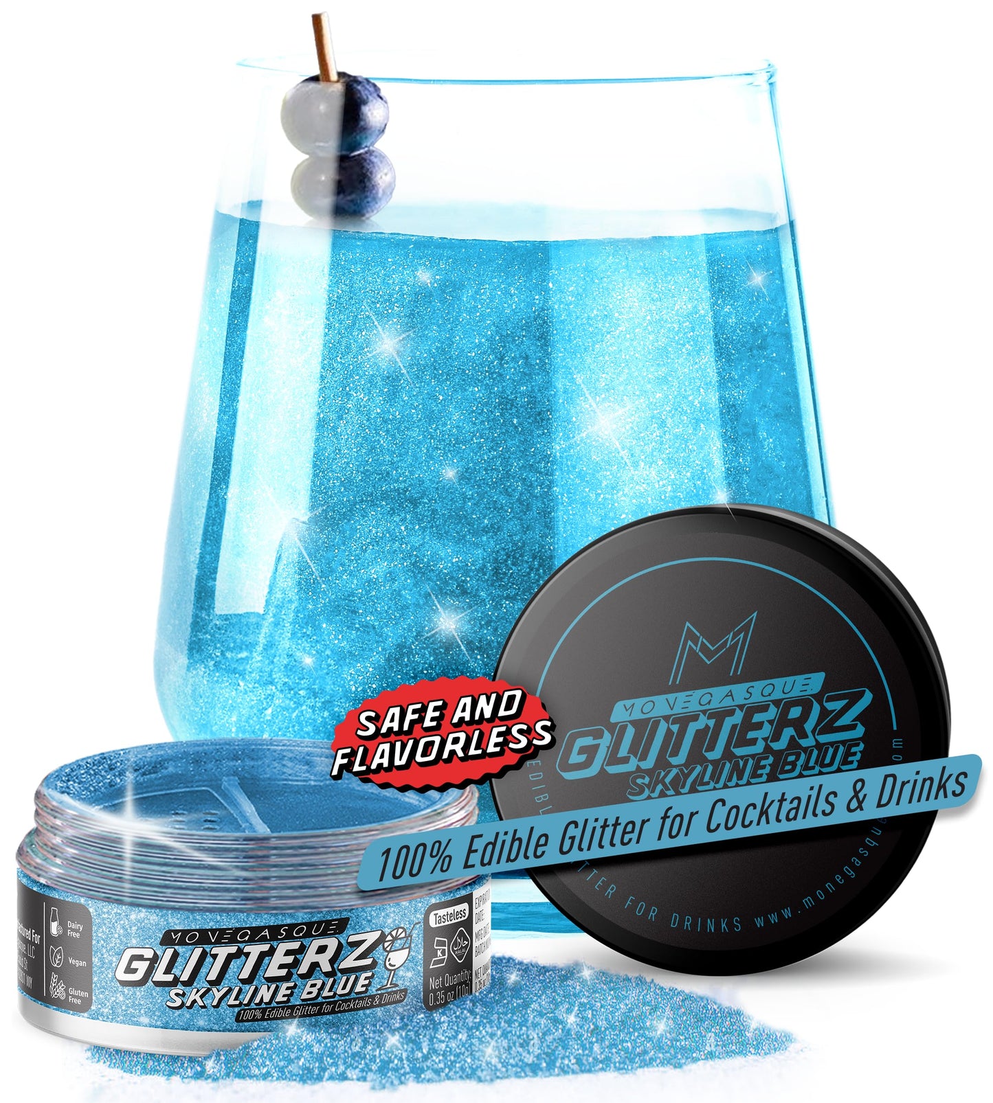 MONÉGASQUE Edible Glitter for Cocktails, Skyline Blue, 10g - Blue Glitter for Drinks and Cakes