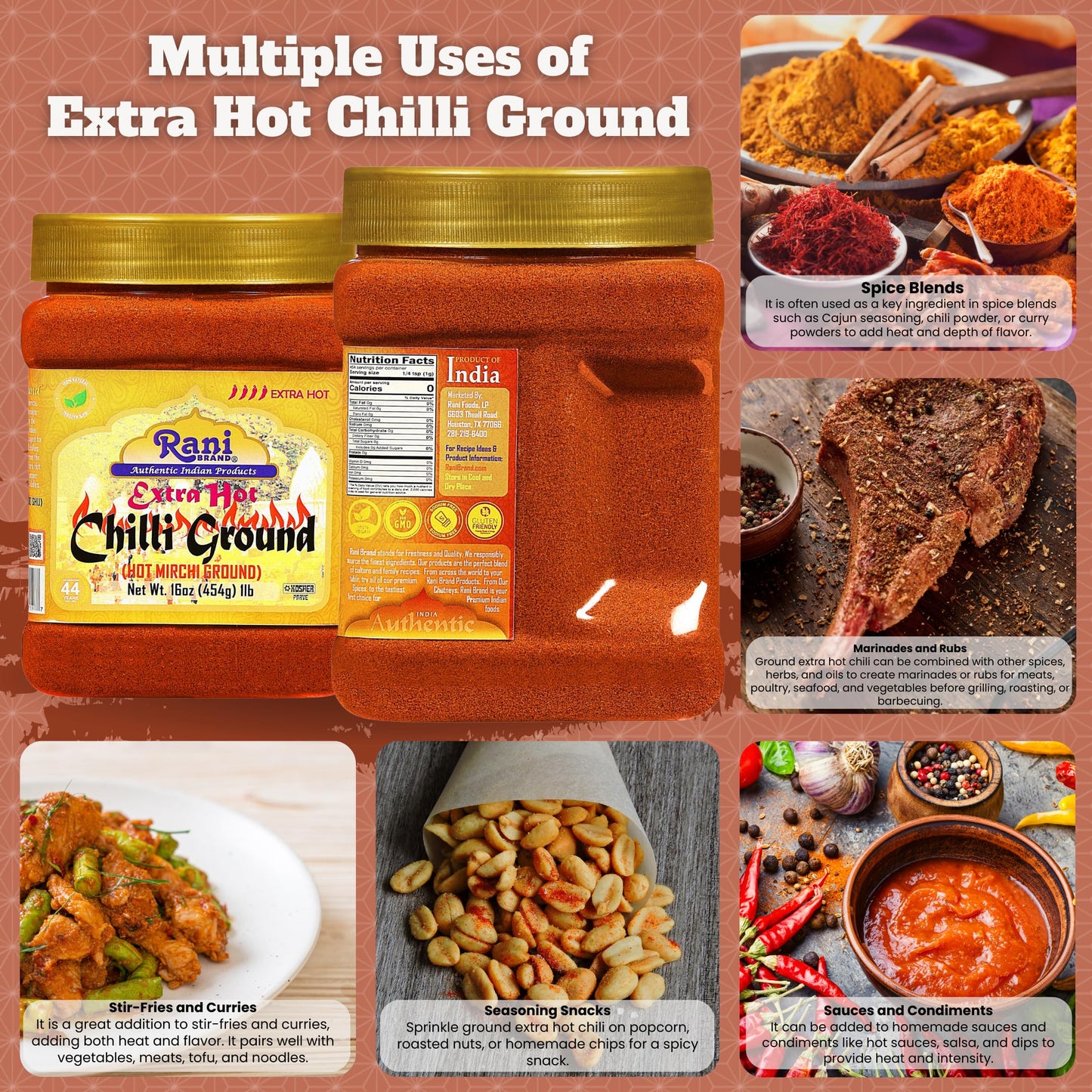 Rani Extra Hot Chilli Powder Indian Spice 16Oz (1Lb) 454G Pet Jar ~ All Natural | Salt-Free | Vegan | No Colors | Gluten Friendl