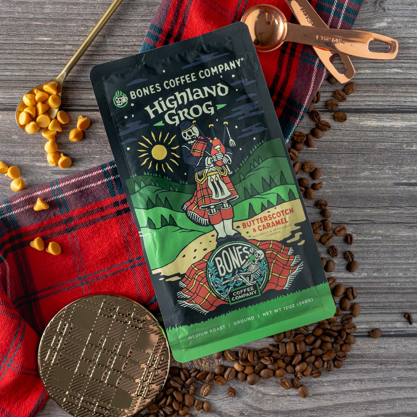 Bones Coffee Company Highland Grog Flavored Coffee Beans & Ground Coffee Butterscotch Caramel Flavor | 12 Oz Medium Roast Arabica Low Acid Coffee | Gourmet Coffee (Whole Bean)