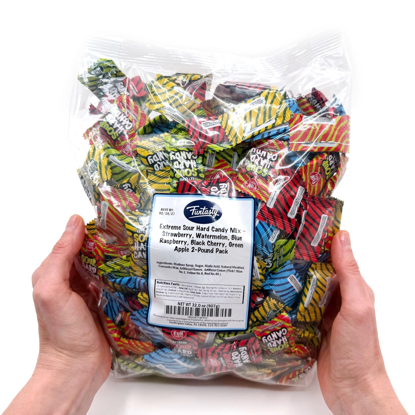 Funtasty Extreme Sour Hard Candy Mix - 2 Pound Bulk Pack (About 300 Count) - Strawberry, Blue Raspberry, Black Cherry, Lemon, Gr