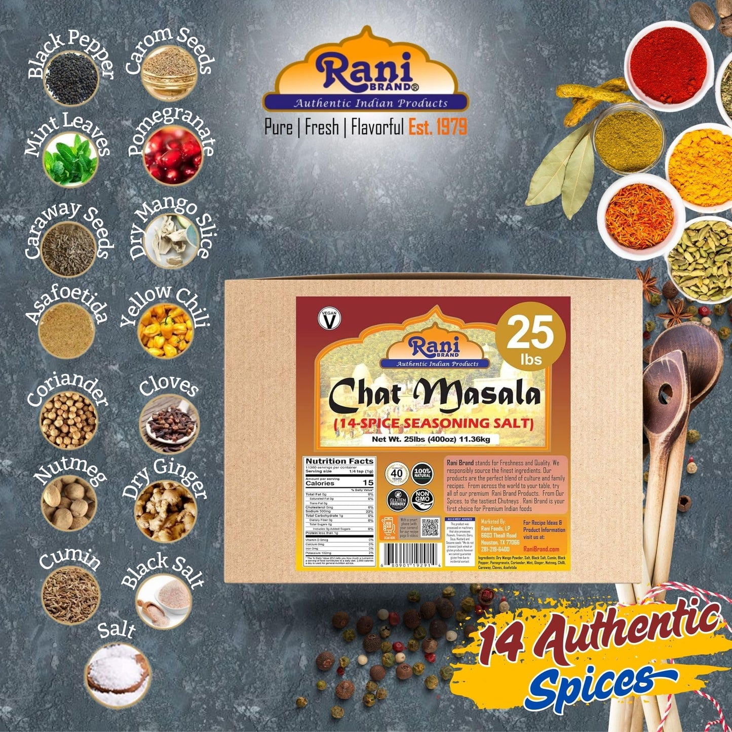 Rani Chat Masala (14 Spice Seasoning Salt) Tangy Indian Seasoning 400Oz (25Lbs) 11.36Kg Bulk Box ~ All Natural | No Msg | Vegan