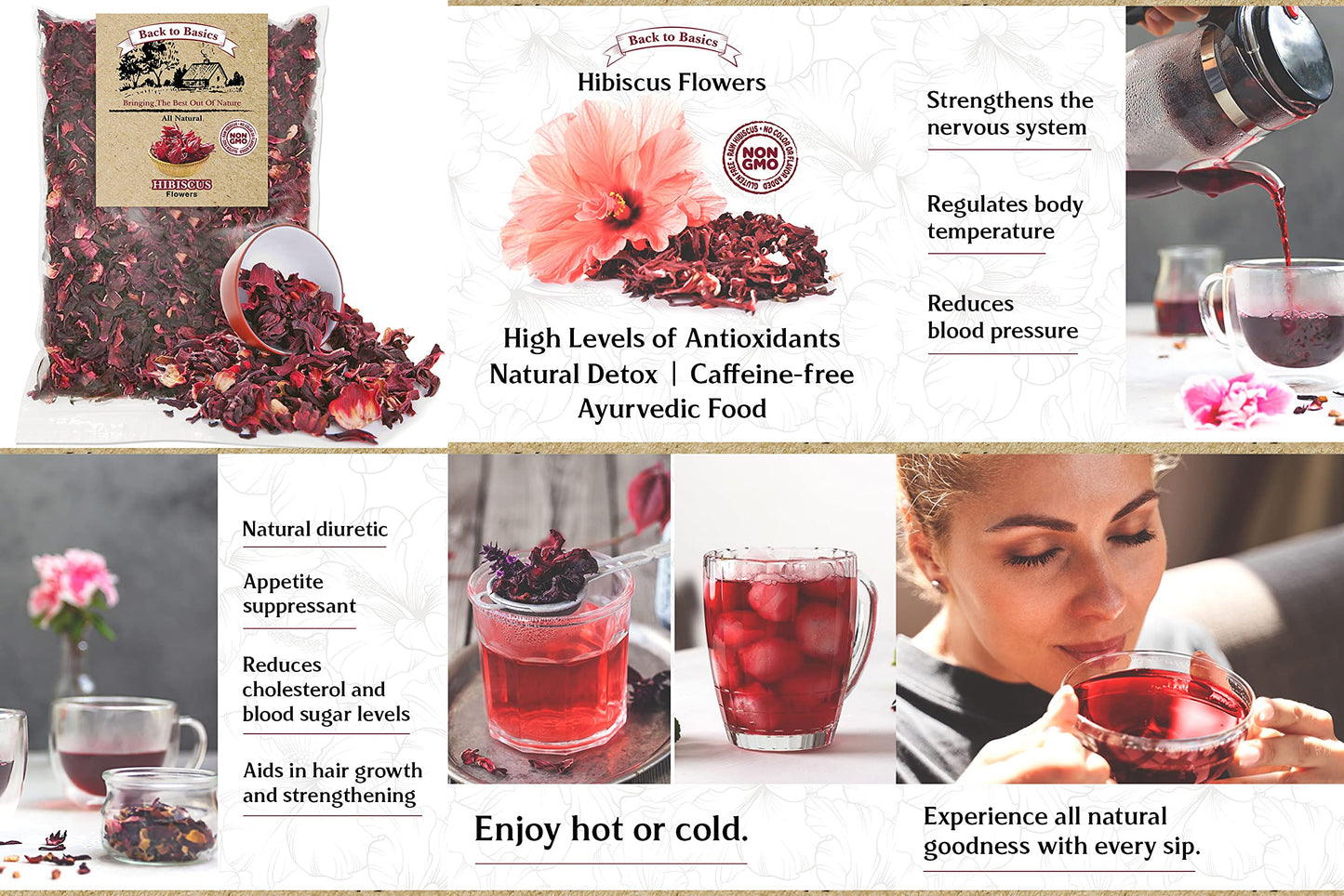 Hibiscus Tea Flowers - 1 Pound Resealable Bag - All Natural, Agua De Jamaica Leaves- Sun Dried Hibiscus- For Hot Or Cold Brew Te