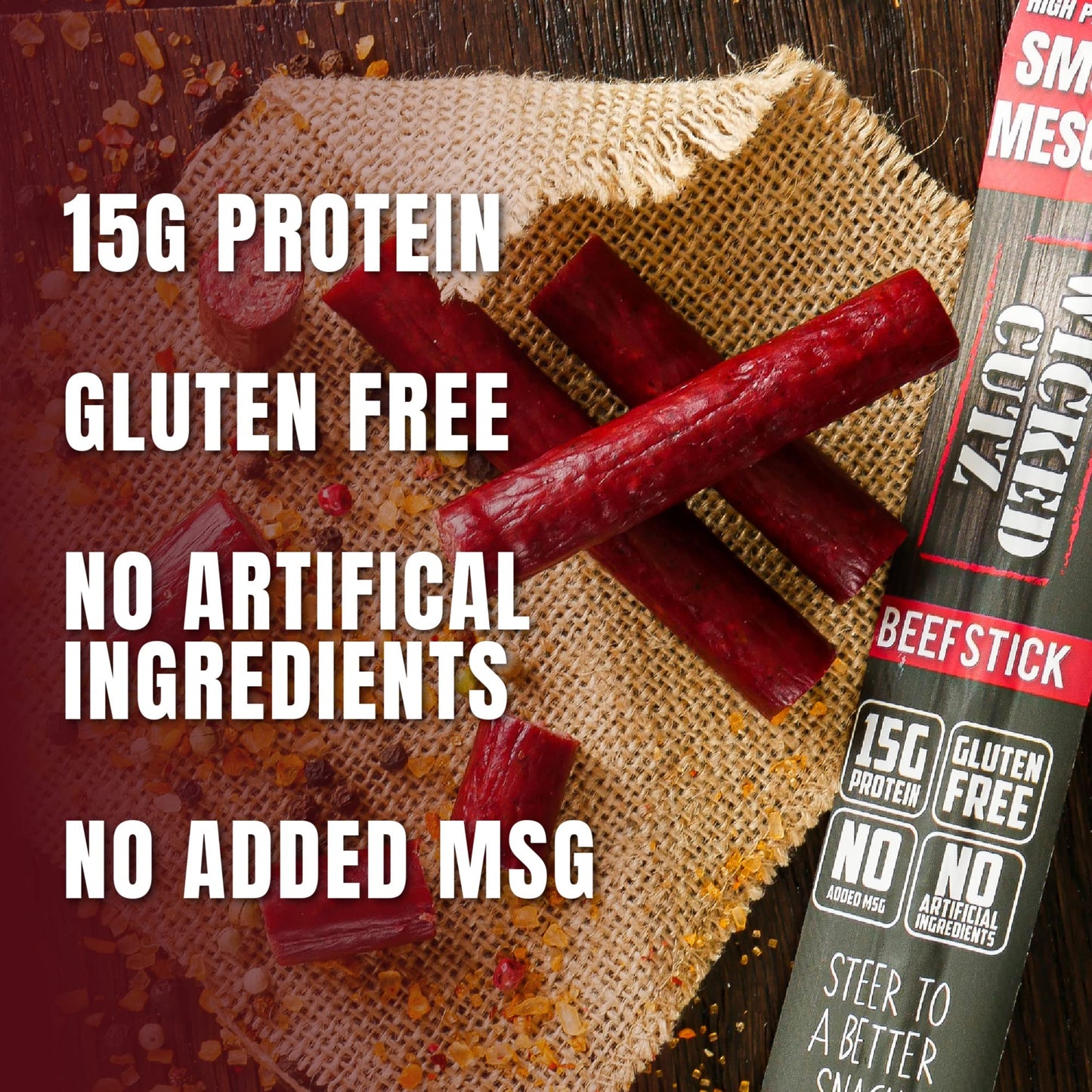 Wicked Cutz Smoked Mesquite Beef Sticks, High Protein, 15g Protein, 1.5 Ounce (Pack of 12)