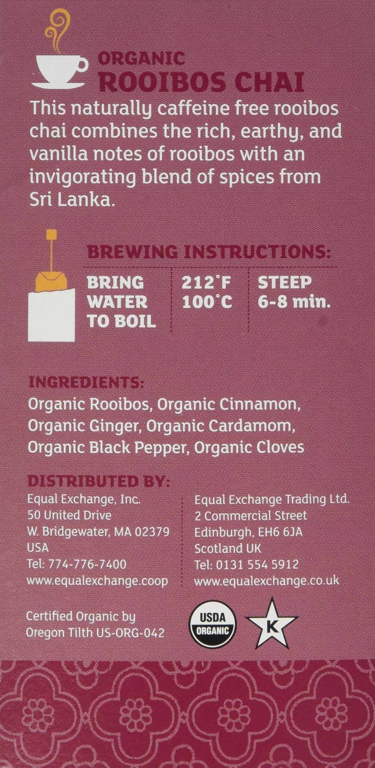 Equal Exchange Organic Rooibos Chai Tea, Caffeine Free, 20 Count Pack