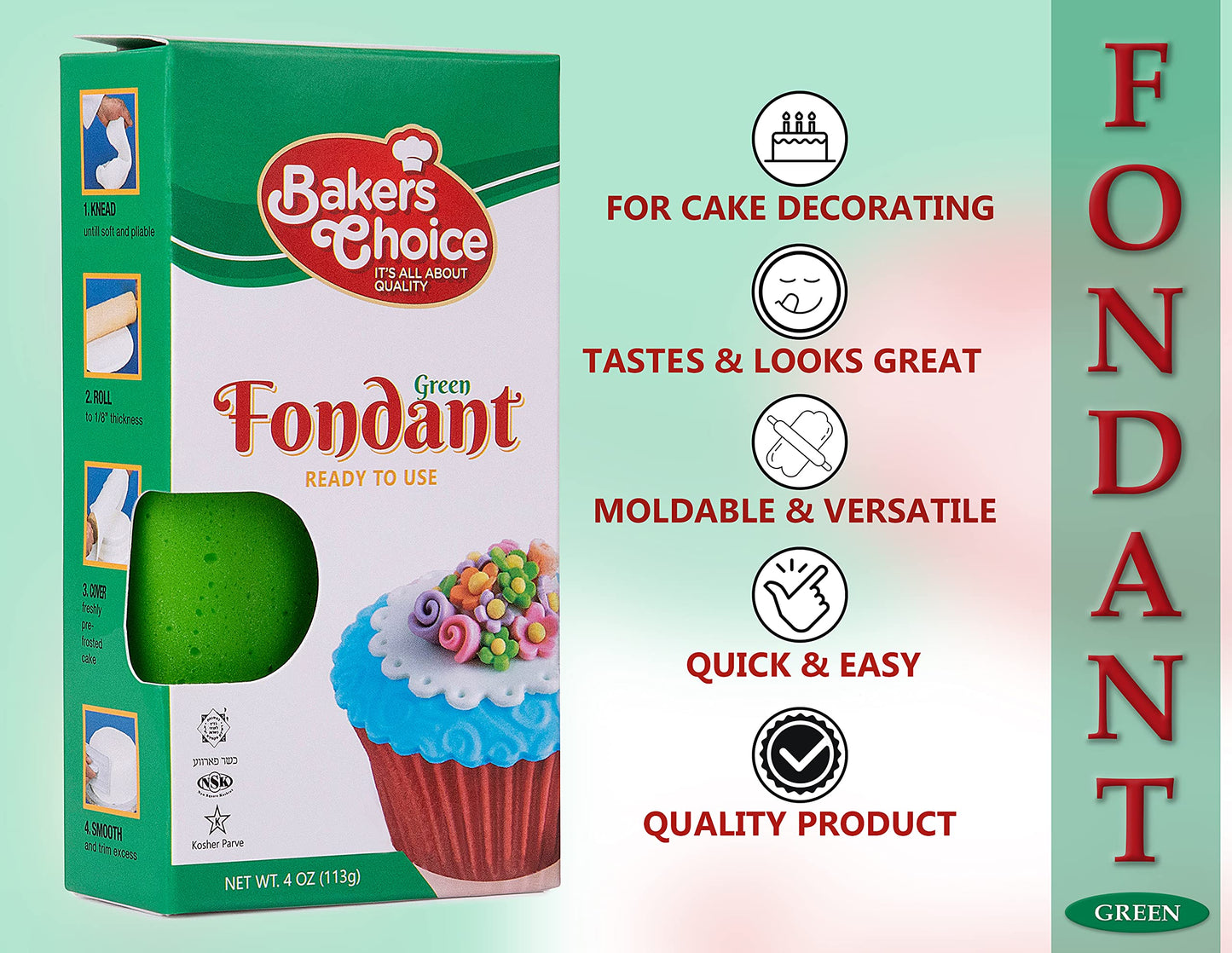Bakers Choice Fondant Icing, 4 oz, Green, Ready to Use Cake Decorating Frosting, Moldable, Dairy Free, Nut Free