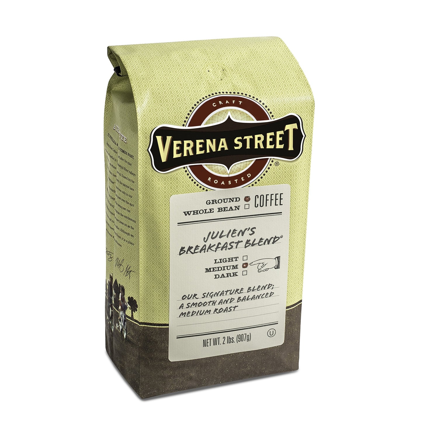 Verena Street Ground Coffee, Medium Roast, Juliens Breakfast Blend, 2 Pound, Rainforest Alliance Certified