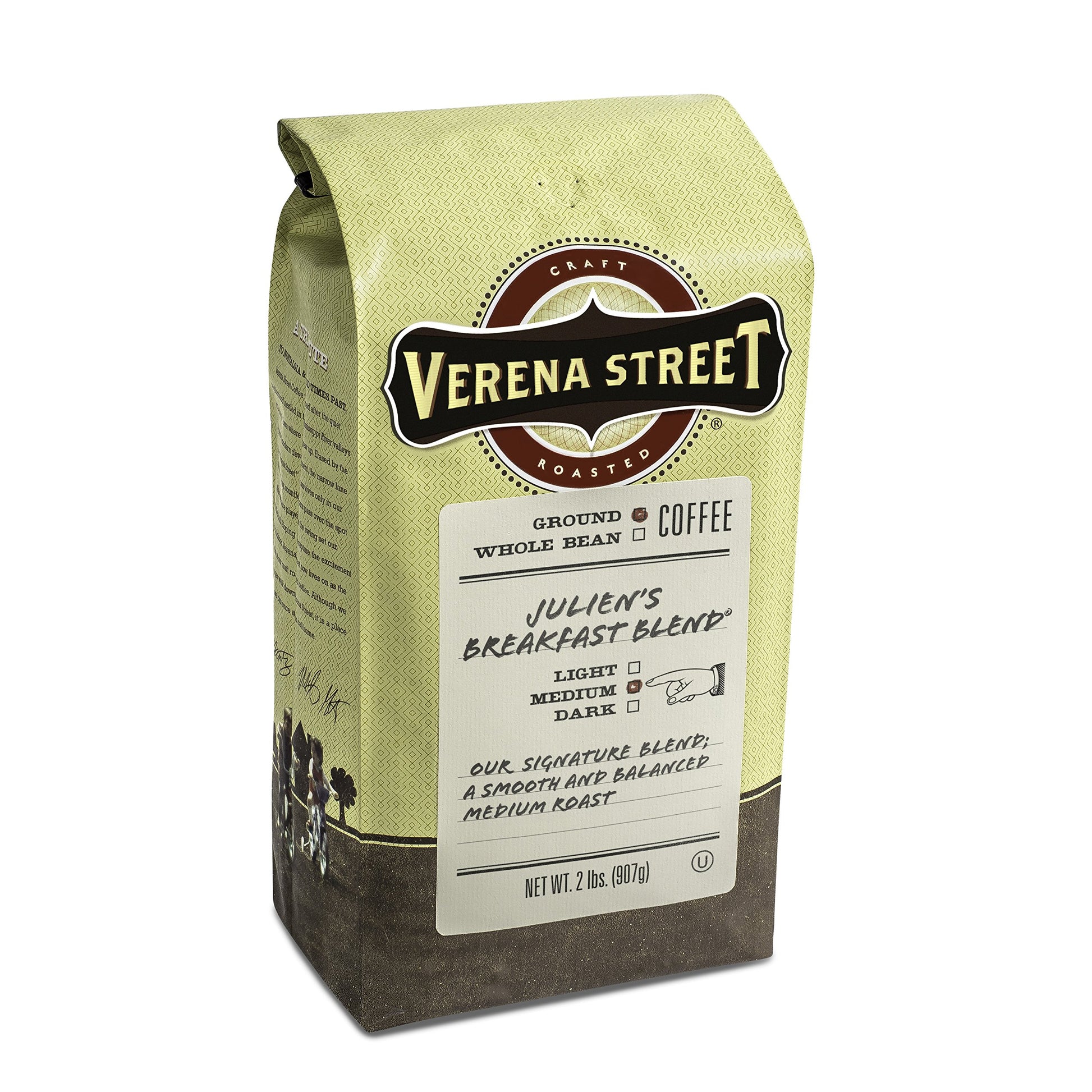 Verena Street Ground Coffee, Medium Roast, Juliens Breakfast Blend, 2 Pound, Rainforest Alliance Certified