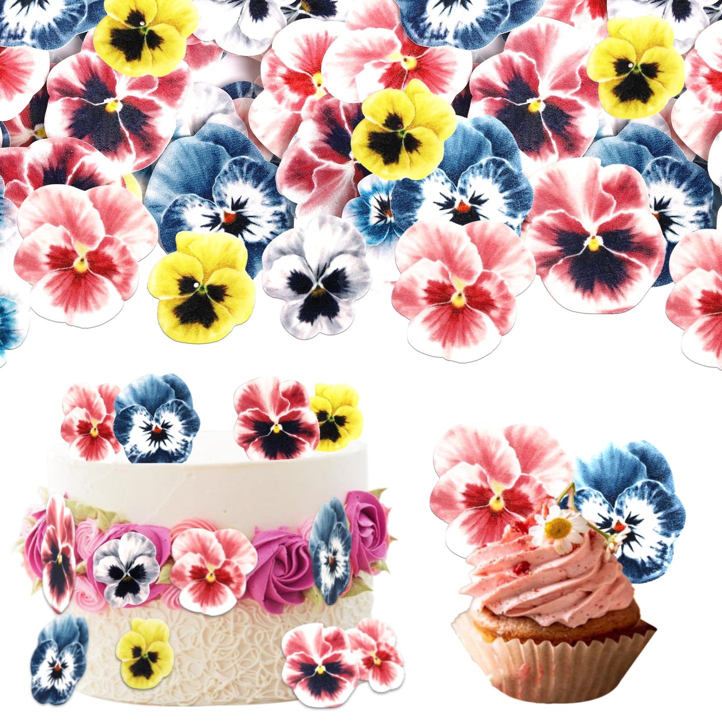 60 PCS Edible Flowers Cupcake Toppers Pansies Spring Edible Flowers Cake Decorations Bridal Shower Wafer Paper Flowers Cupcake P