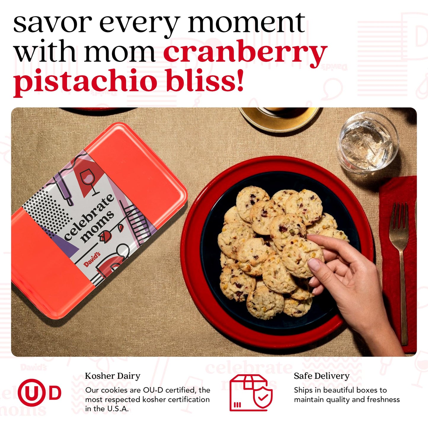 David'S Cookies Celebrate Moms Cranberry Pistachio Biscuits Sweet Sampler Tin - Irresistible Crunch, Snacks And Bakery Treats -