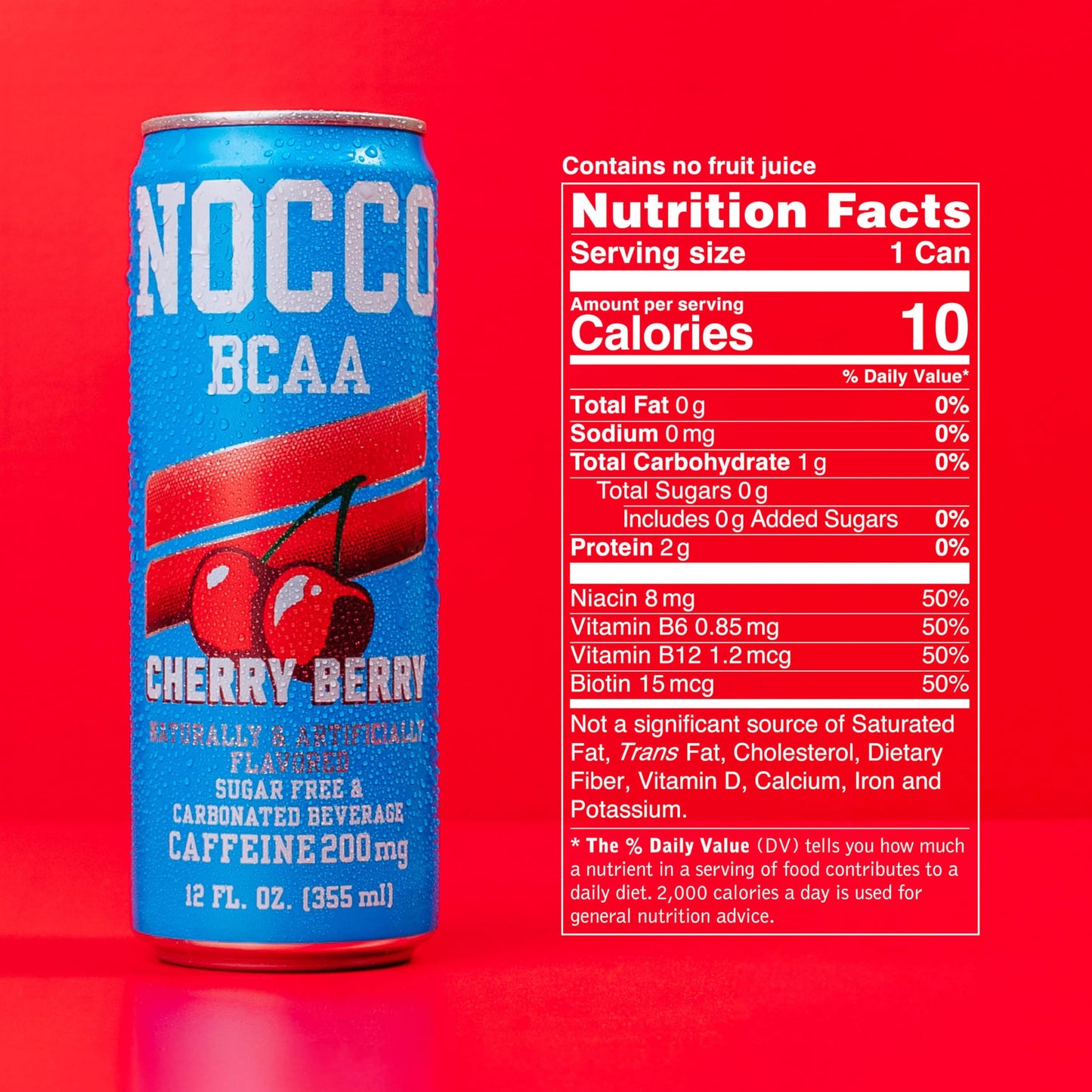 NOCCO BCAA Energy Drink Cherry Berry - 12 Fl Oz (Pack of 12) - 200mg of Caffeine  Sugar Free Energy Drinks - Carbonated & Low Calorie  BCAAs  Vitamin B6  B12  & Biotin - Grab & Go Performance Drink
