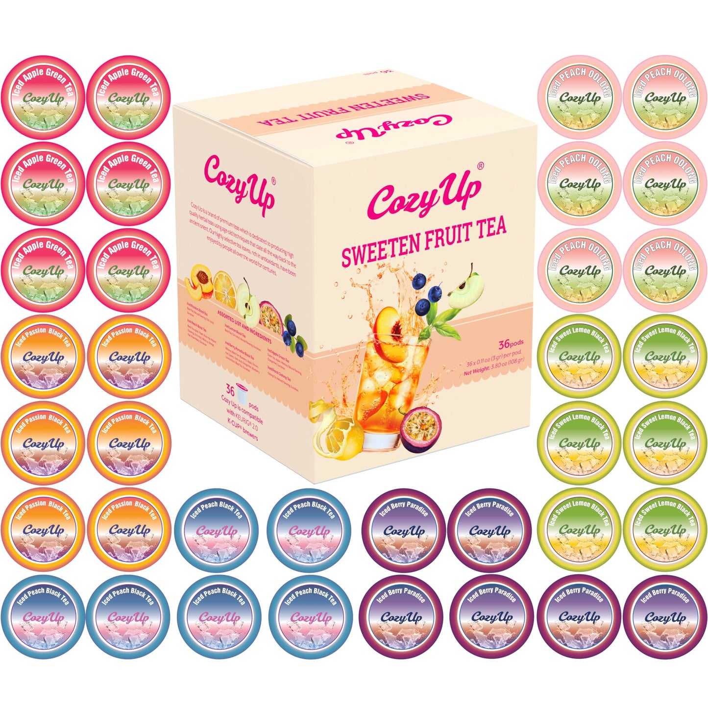 Cozy Up Iced Sweet Fruit Tea Variety Pack - 36 Count Single Serve Pods for Keurig Brewers