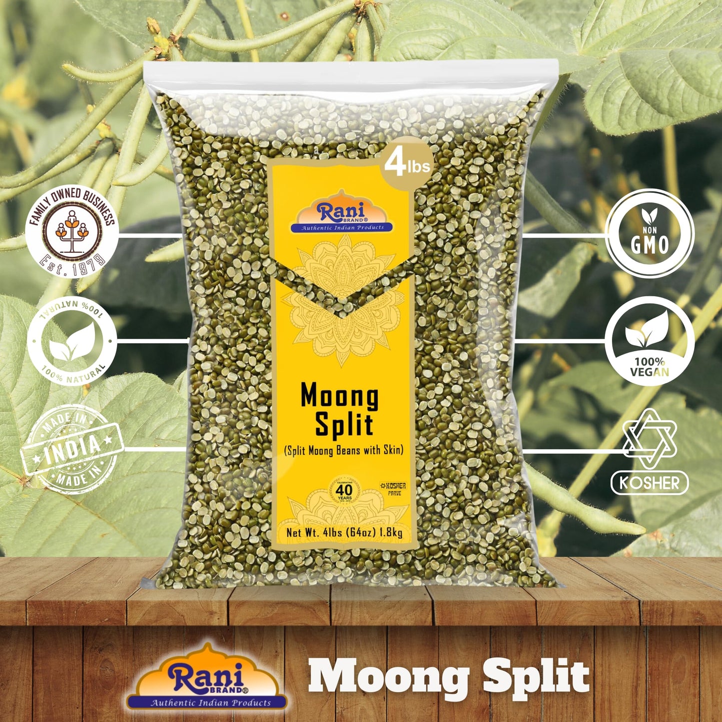Rani Moong Split (Split Mung Beans With Skin) Lentils Indian 64Oz (4Lbs) 1.81Kg Bulk ~ All Natural | Gluten Friendly | Non-Gmo | Vegan | Indian Origin