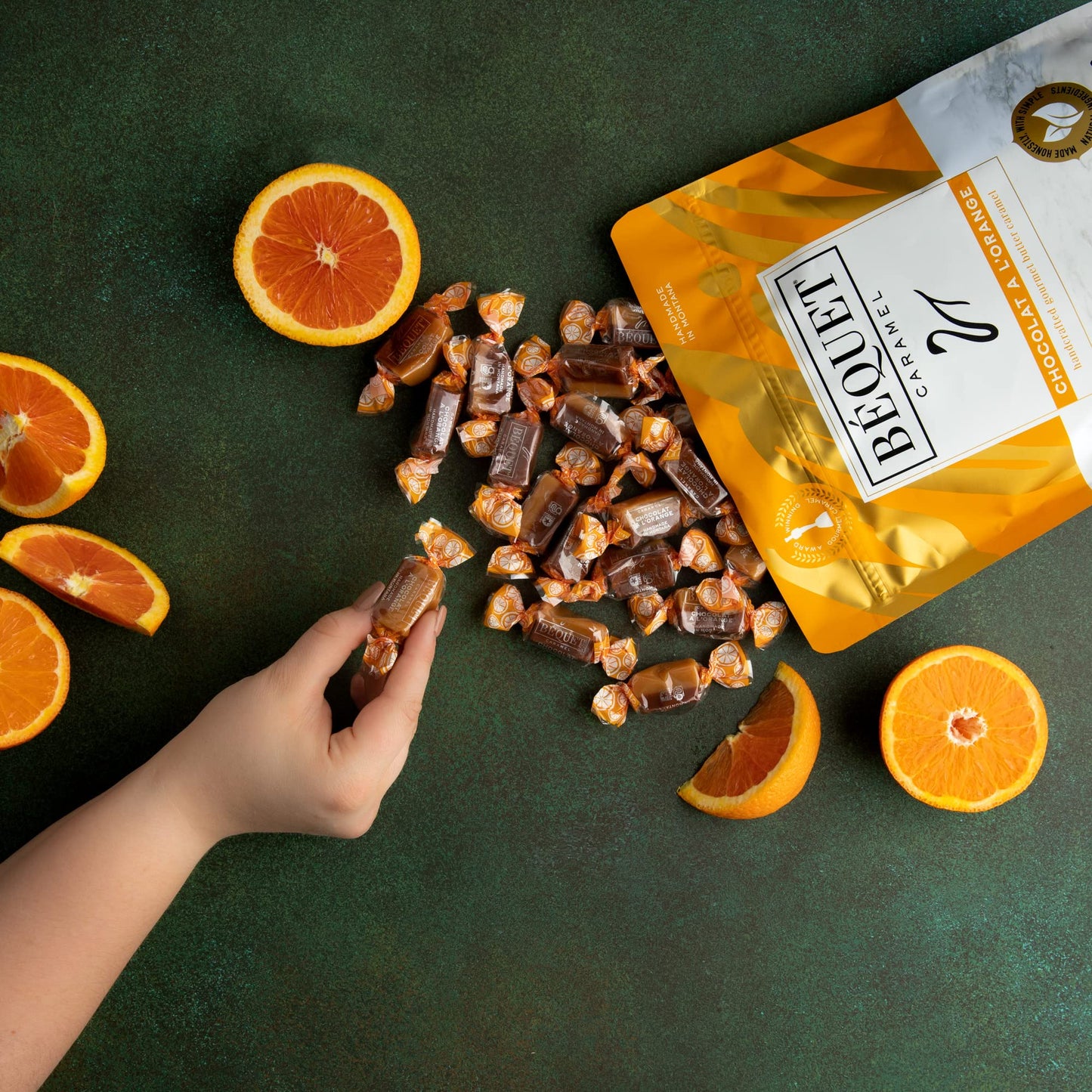 Béquet Caramel - Chocolat A Lorange - Caramel Candy Individually Wrapped - Made In Montana - Kosher (Star D) And Gluten Free - 8 Oz Gift Bag