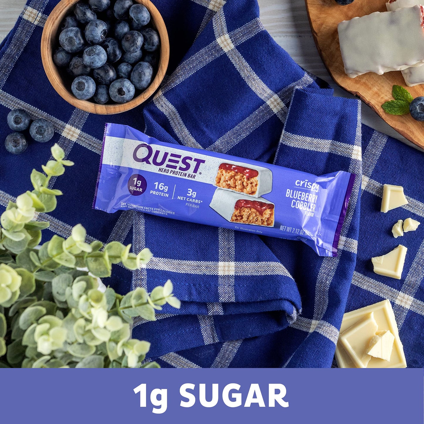 Quest Nutrition Crispy Blueberry Cobbler Hero Protein Bar, 16G Protein, 1G Sugar, 3G Net Carb, Gluten Free Protein Snack, Keto Friendly, 12 Count