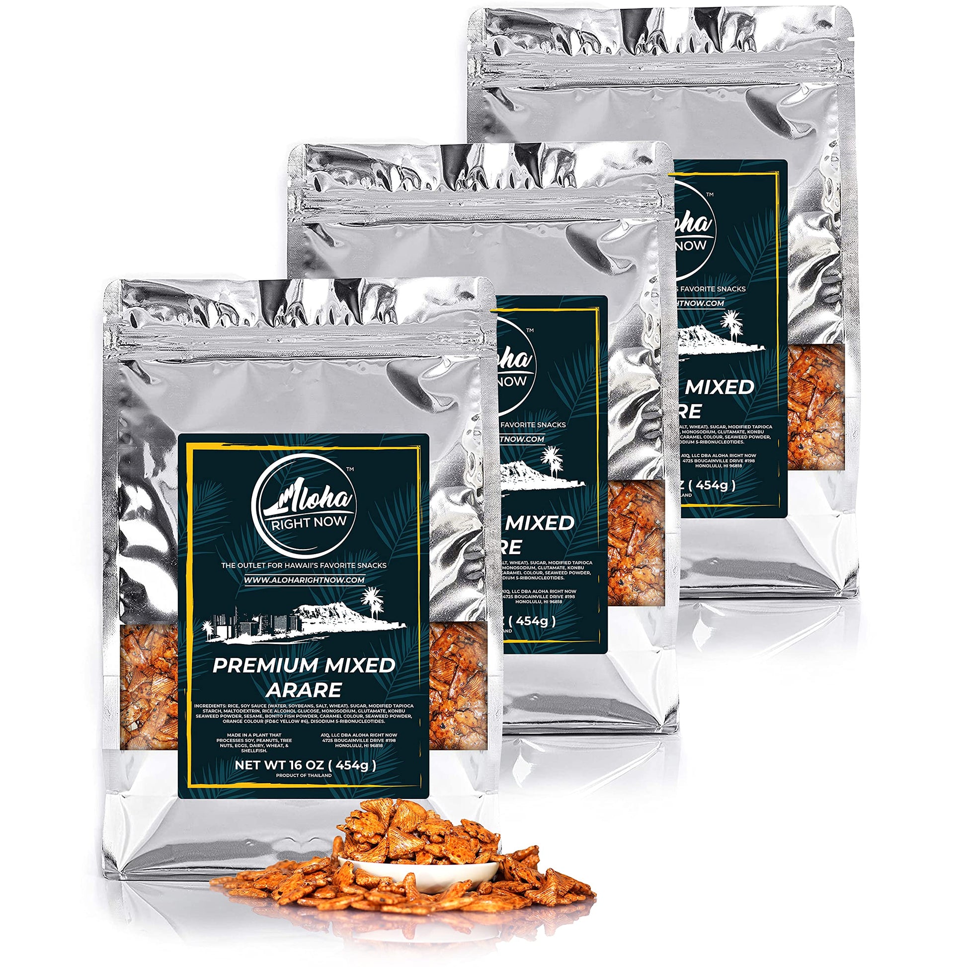 Aloha Right Now Premium Mixed Arare Rice Crackers Snack Mix, 1 lb (Pack of 3)