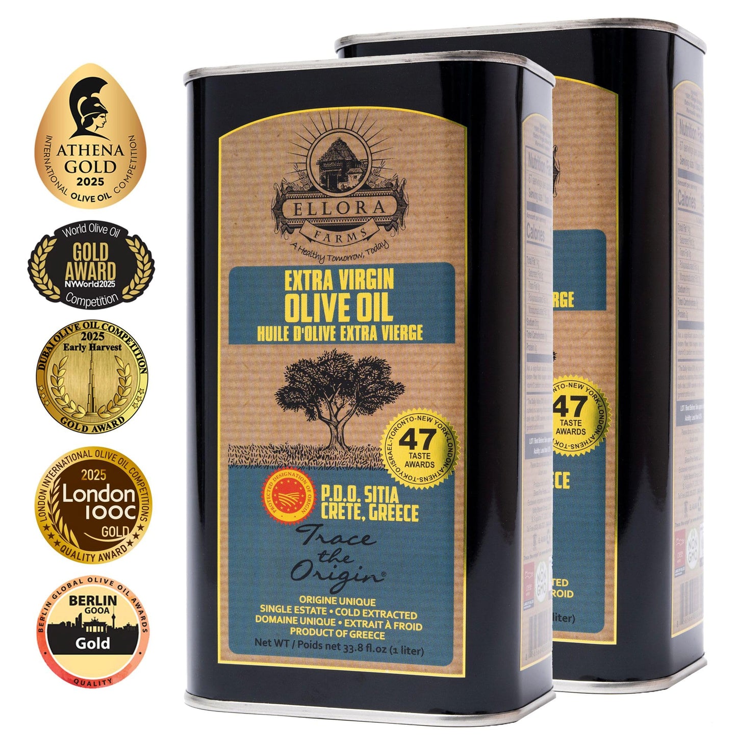 Ellora Farms Extra Virgin Olive Oil, Single Estate, Cold Pressed, 33.8 Fl Oz (Pack of 2), Kosher, Traceable, Crete, Greece