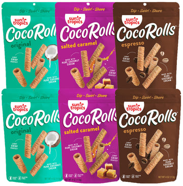 Sun Tropics Cocorolls, Variety Pack, Gluten Free, Dairy Free, Snack-Crisp Rolled Wafer Made With Pure Coconut Cream, 6 Count