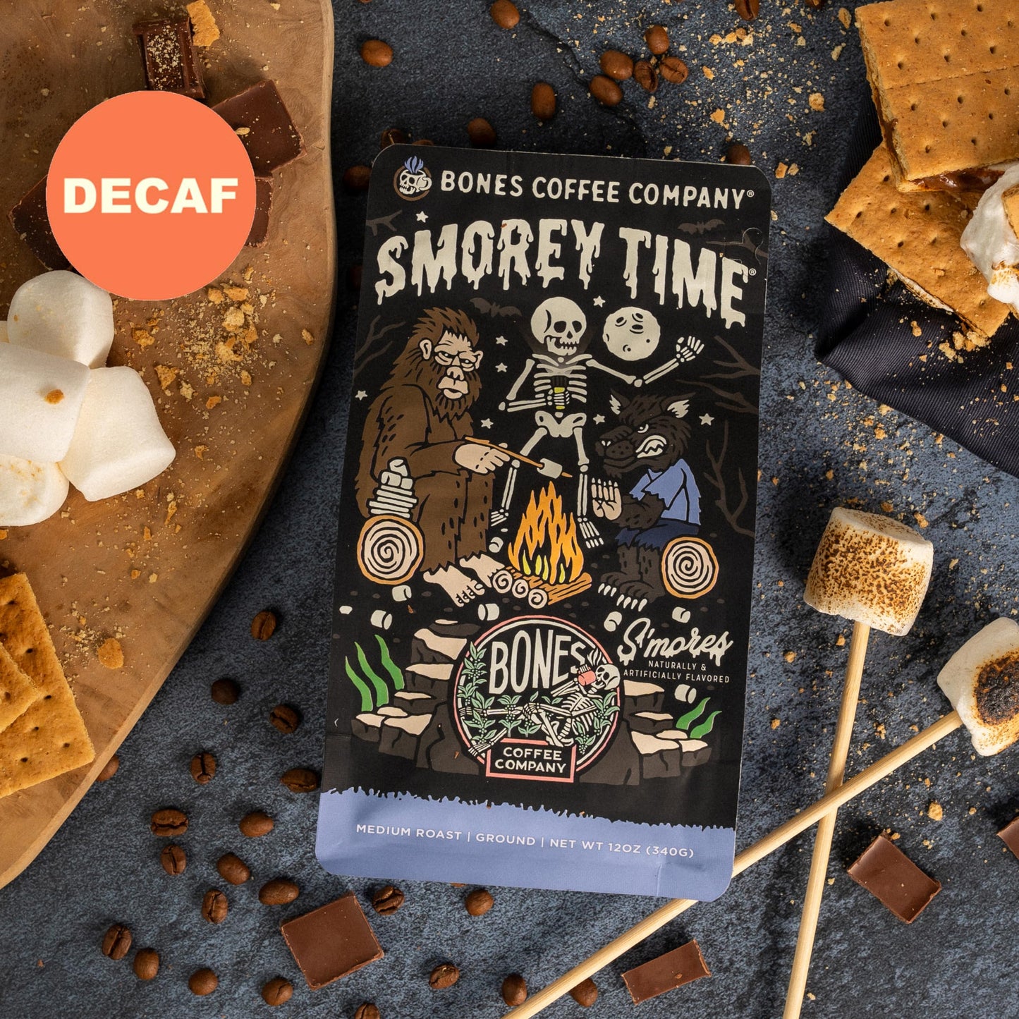 Bones Coffee Company Decaf Smorey Time, Smores And Graham  Ers Decaffeinated Flavored Coffee, Medium Roast Low Acid Arabica Beans For Auto Drip And French Press Coffee Maker, 12 Oz Ground