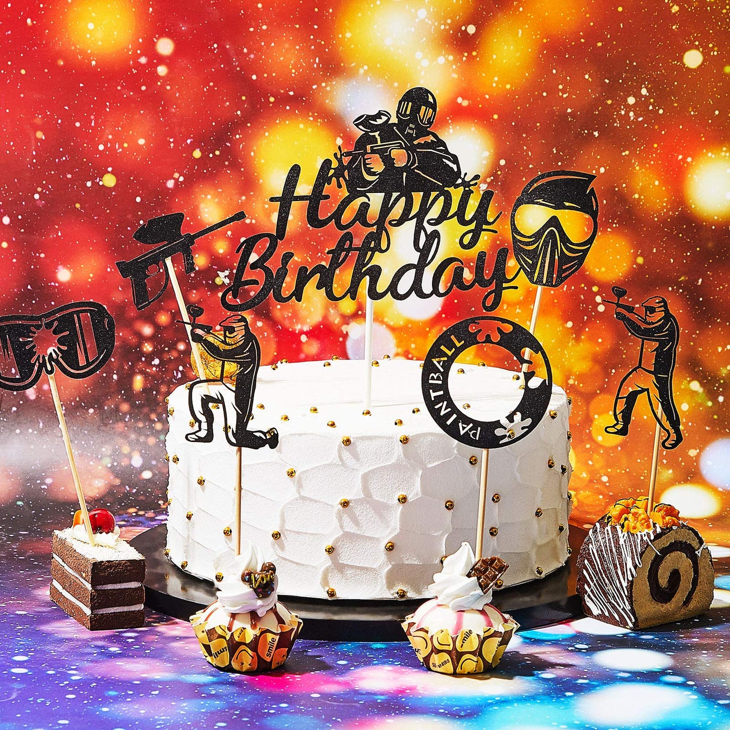 37 Pieces Paintball Cupcake Toppers Happy Birthday Silhouette Cake Topper Paintball Theme Glitter Cupcake Topper Paintball Handm