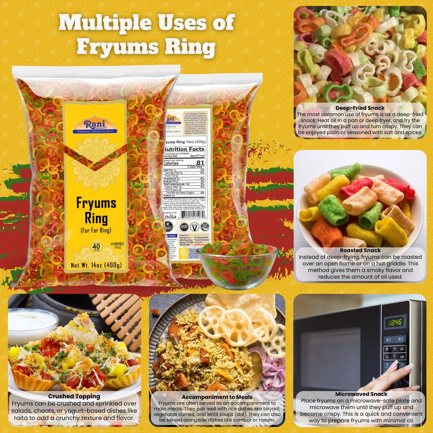 Rani Far Far Fryums - Vegan Wheat & Tapioca Snack, Ring Shape, 14oz (400g), Uncooked, Kosher