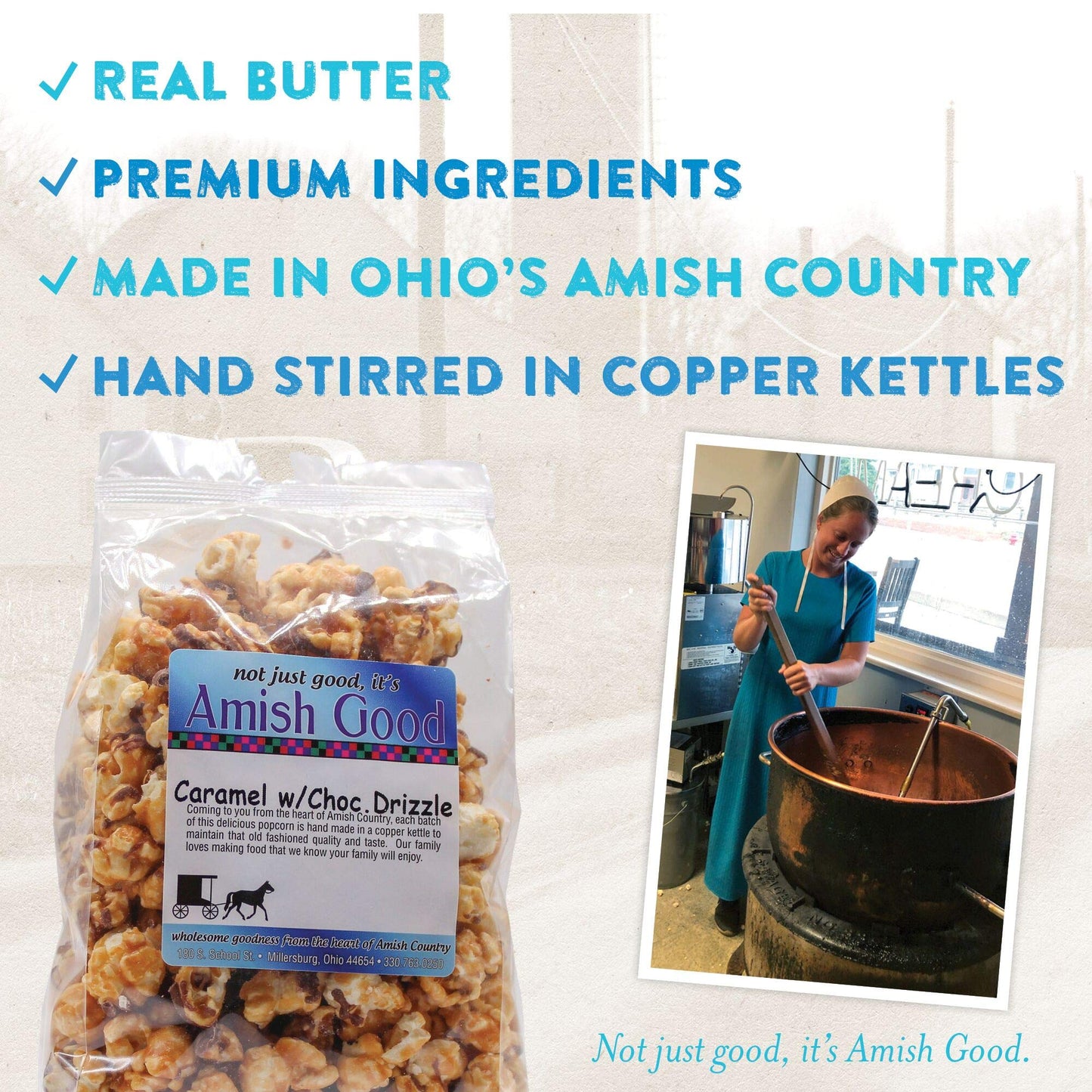 Amish Good Enhanced Caramel Popcorn With Chocolate Drizzle Real Butter And Coconut Oil In 12 Ounce Bag