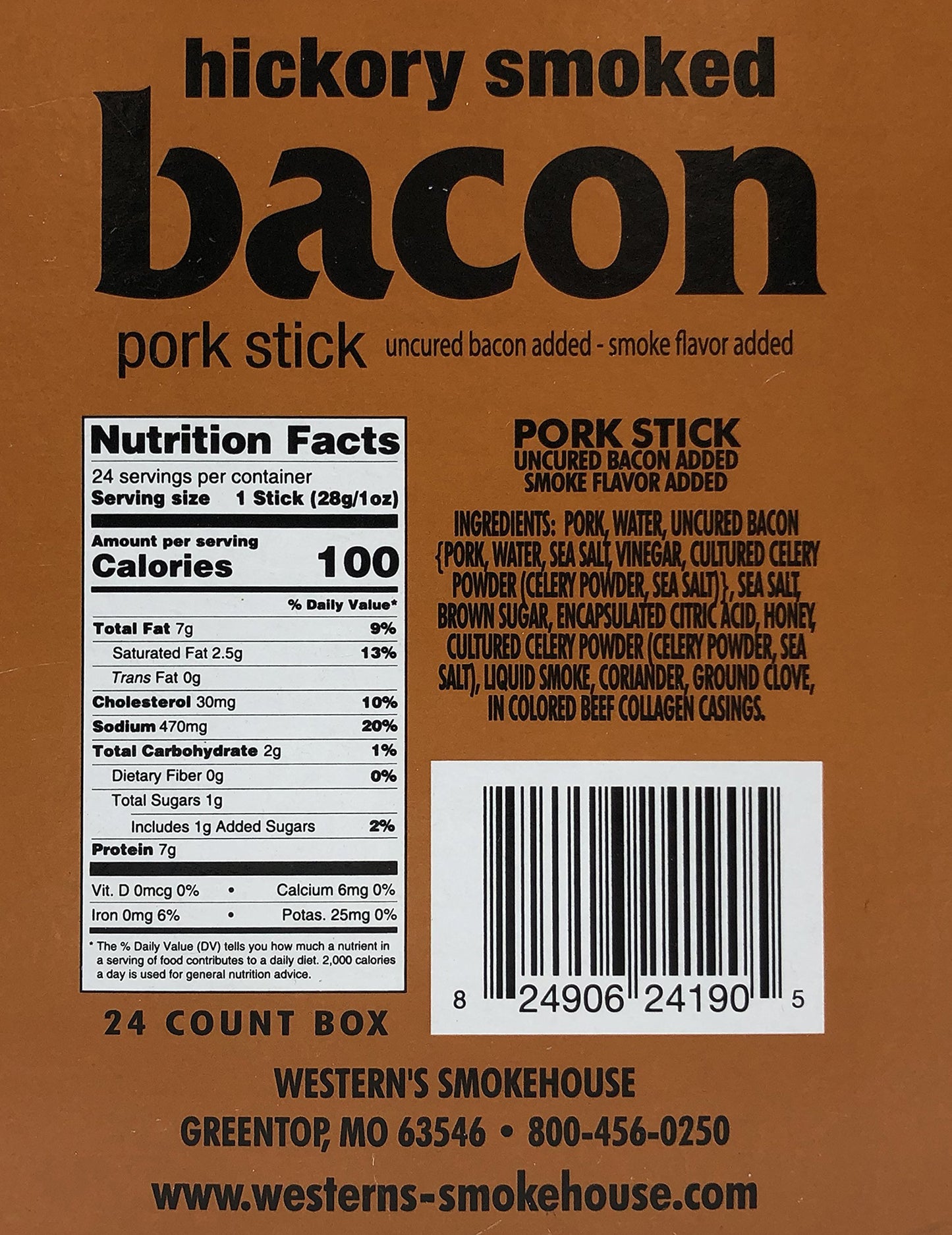 Westerns Smokehouse Meat Sticks Hickory Smoked Bacon Jerky - Gluten-Free, 1 Ounce (Pack of 24)