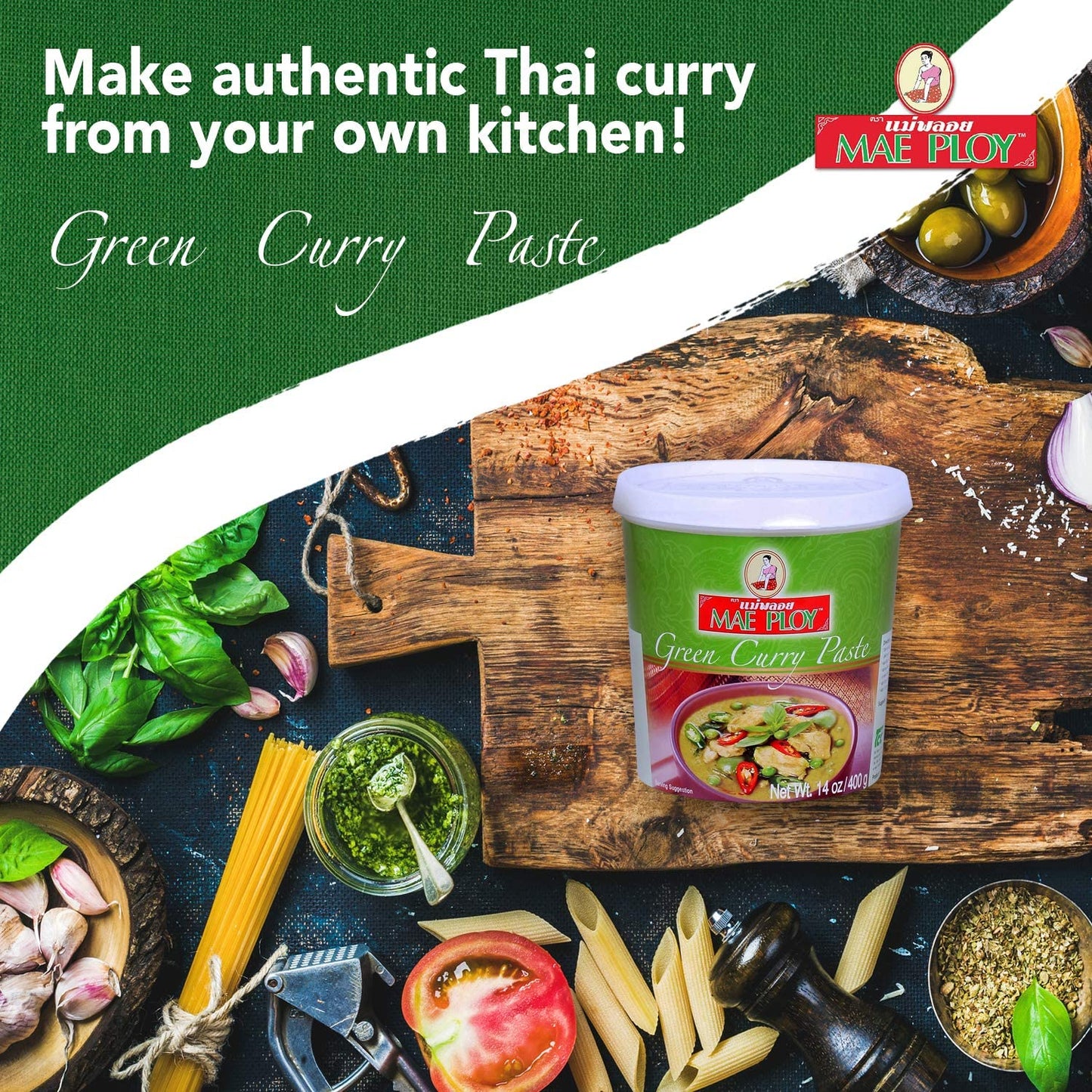 Mae Ploy Green Curry Paste, Authentic Thai Green Curry Paste For Thai Curries & Other Dishes, Aromatic Blend Of Herbs, Spices &