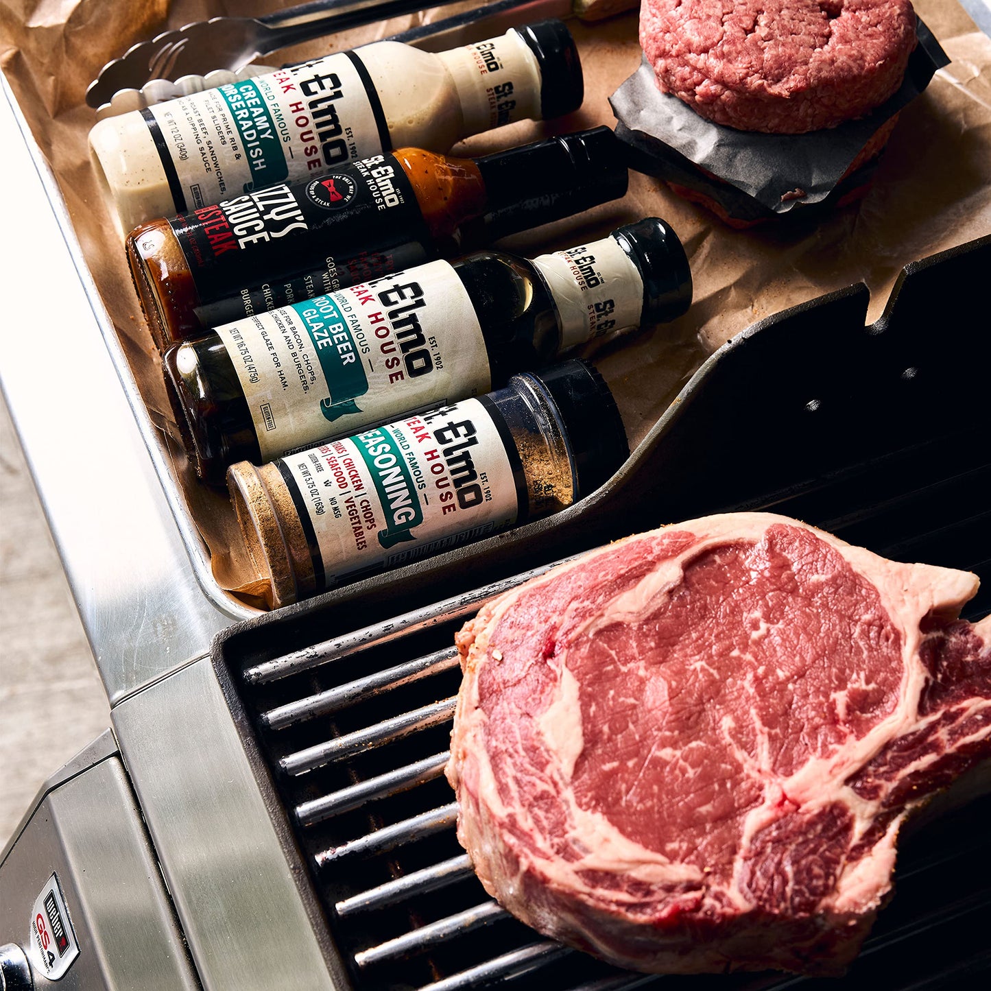 St Elmo Steak House Griller Gift Kit - 4 Piece Set for Grilling & Barbecue, Includes Steak Sauce, Horseradish, Glaze, Seasoning