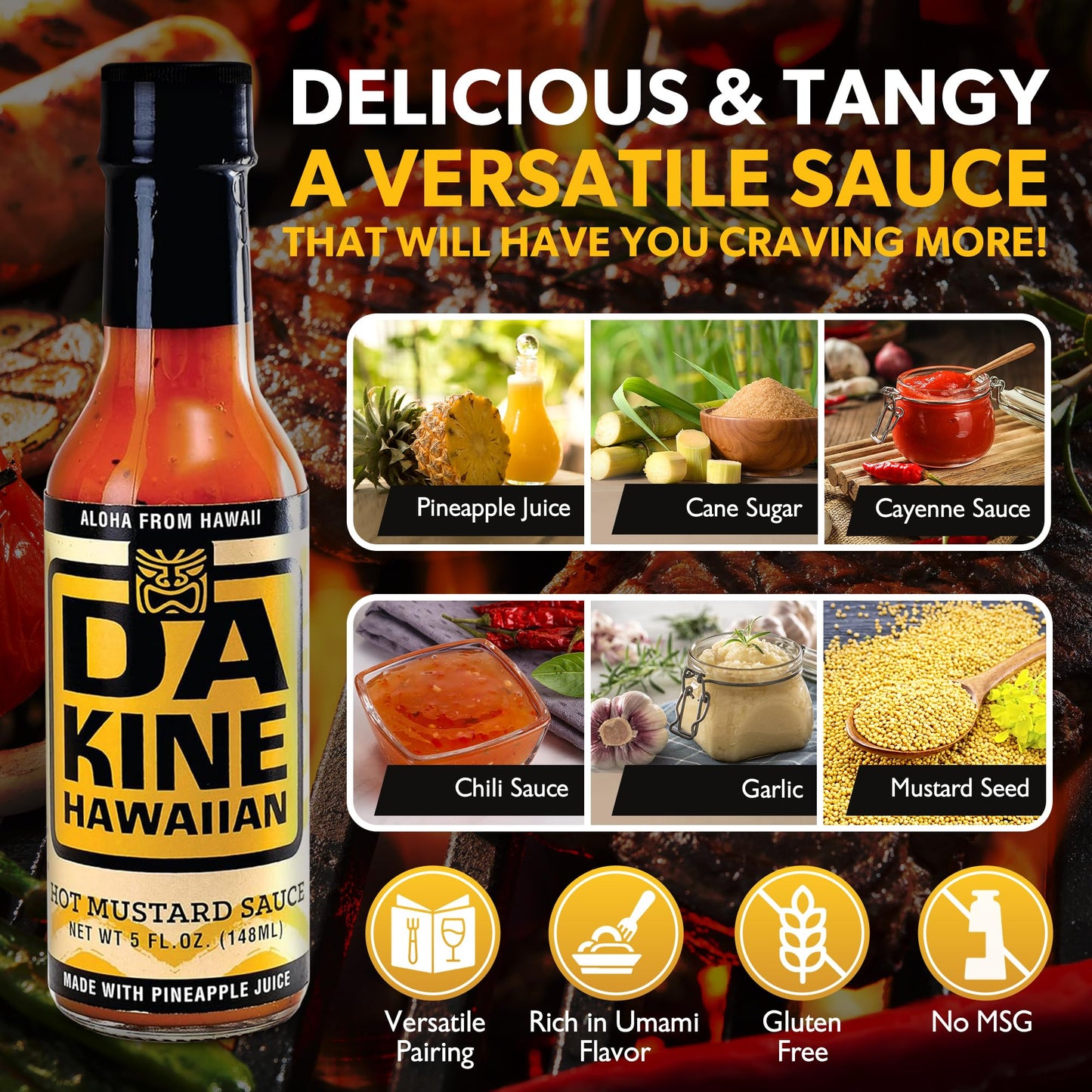 Da Kine Hawaiian Hot Mustard Sauce - Made With Pineapple Juice For Meat Tenderizing, Ideal For Dipping And Dressing - Gluten-Fre